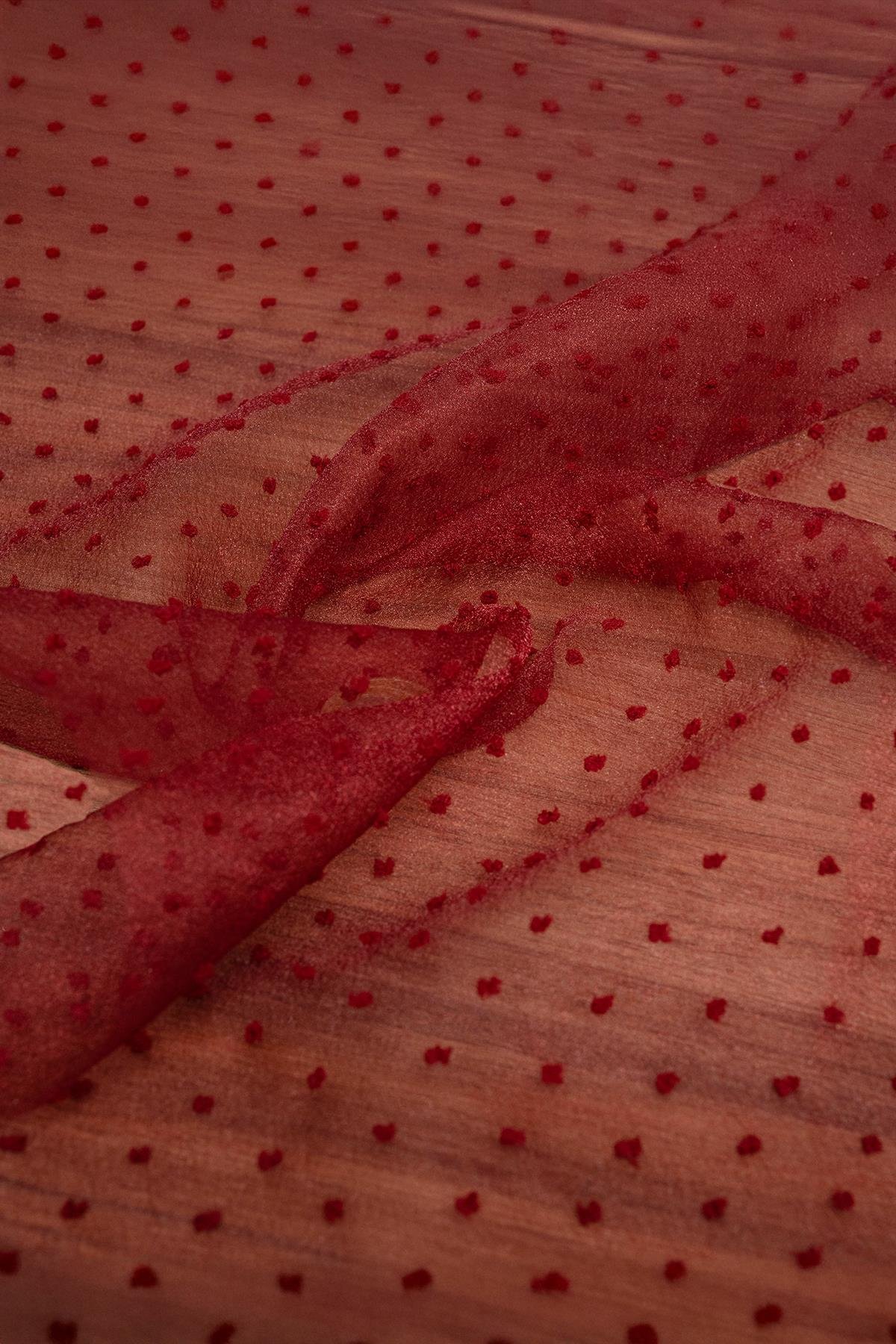 Floklu Dalya Organze Bordo Rengi Kumaş - Kumaş Deposu