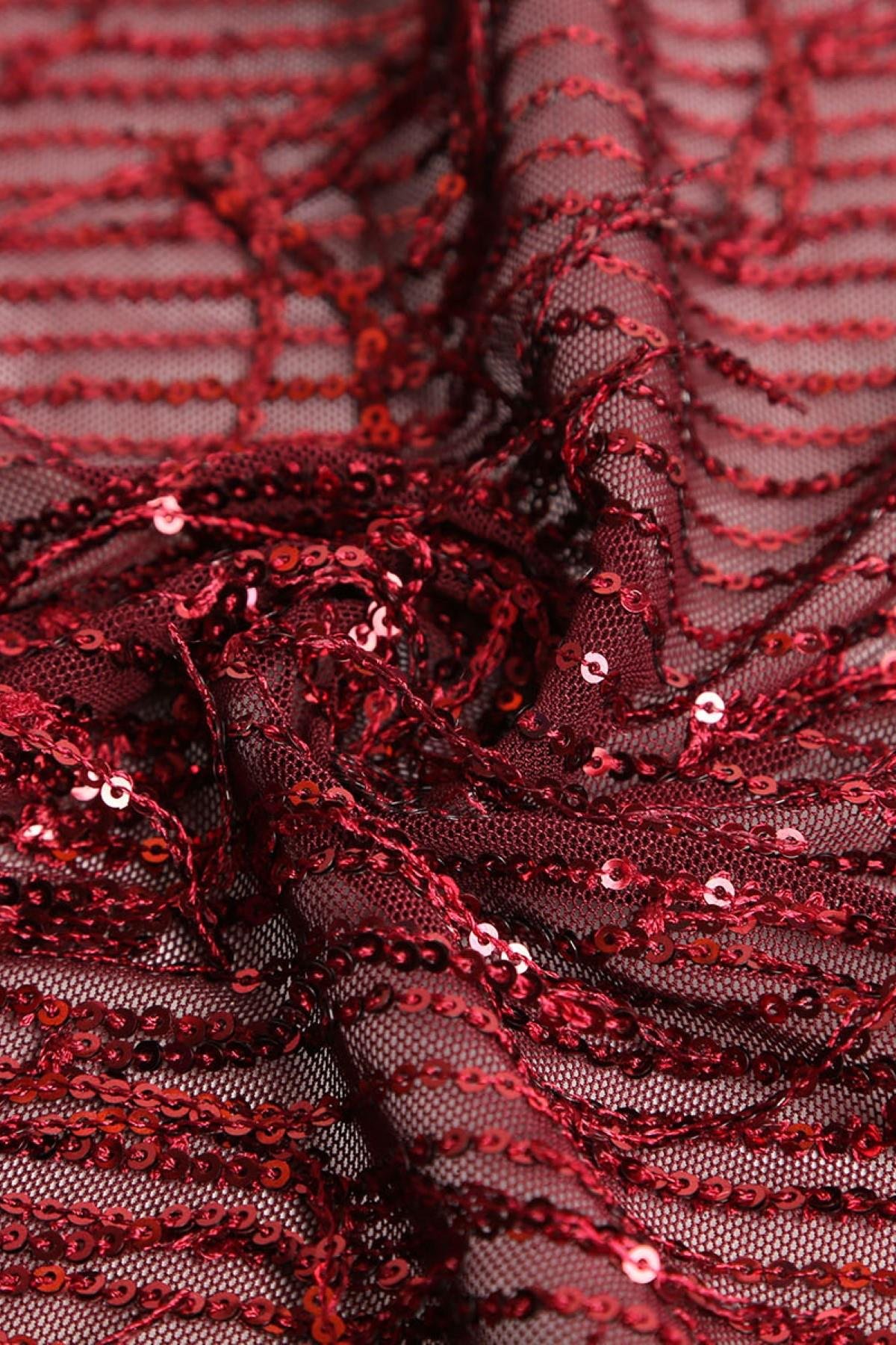 Saçaklı Zara Payet Bordo Abiye Örme Kumaş - Kumaş Deposu