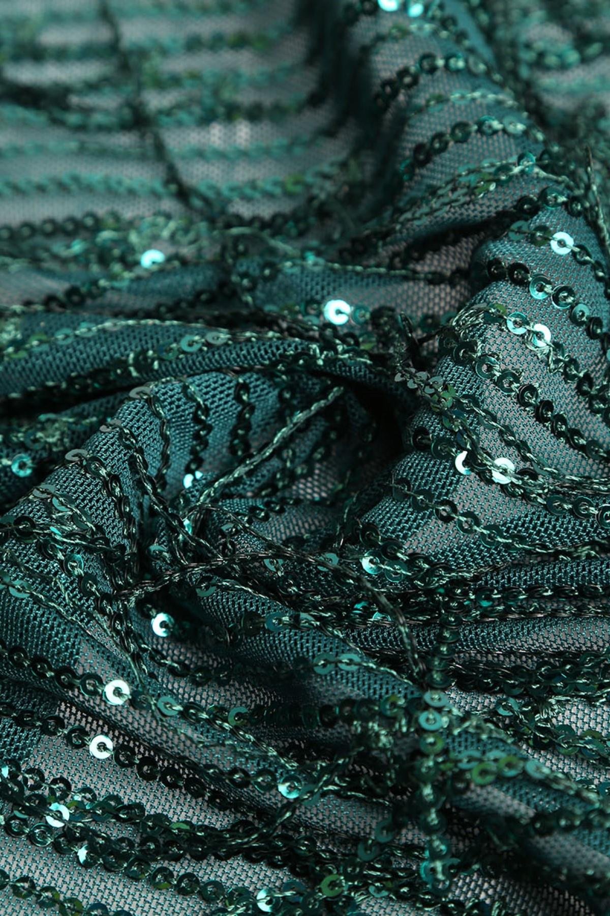 Saçaklı Zara Payet Yeşil Abiye Örme Kumaş - Kumaş Deposu