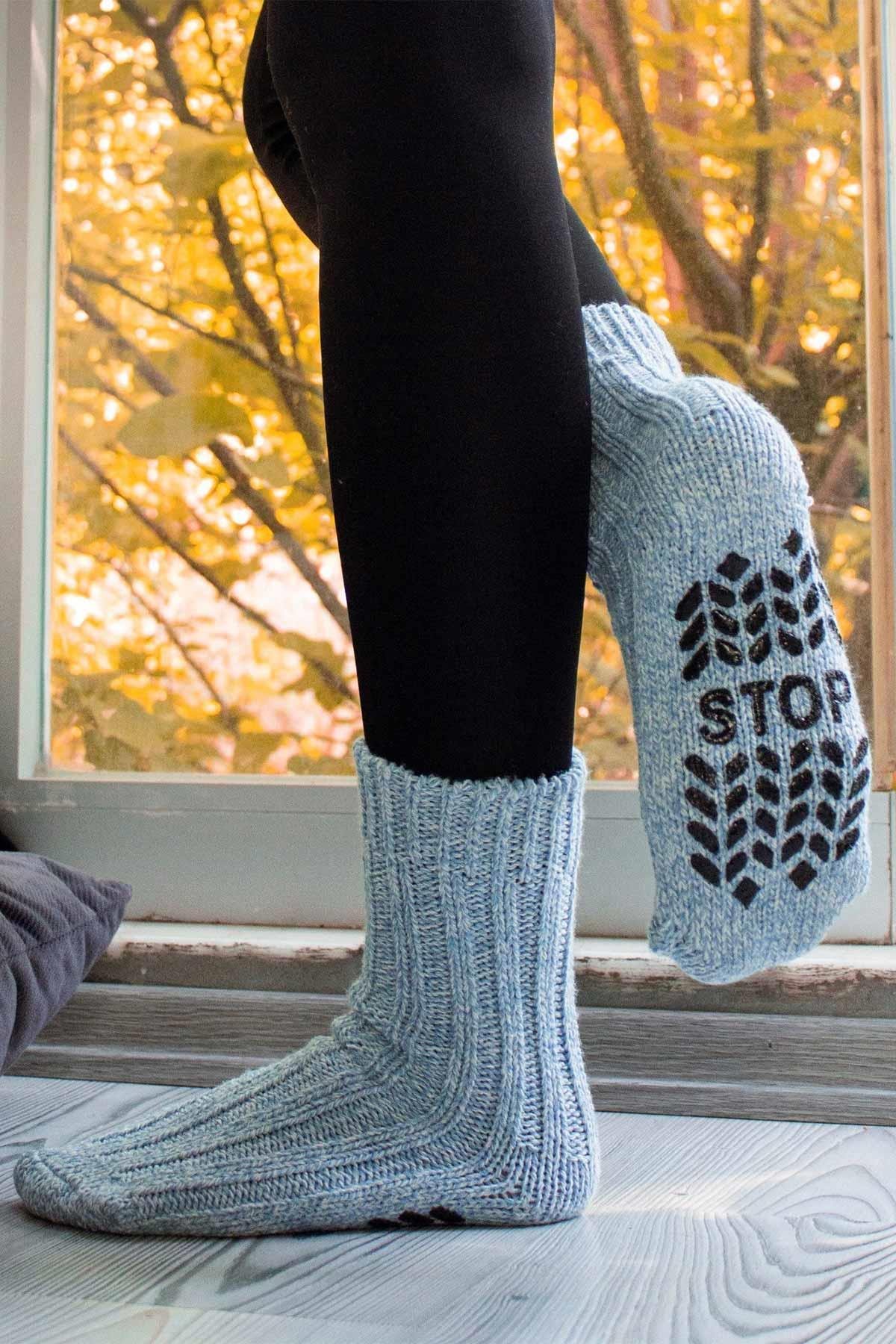 Aytuğ Men's Wool Silicone Non-Slip Sole Winter Blue Socks - A-6043-M