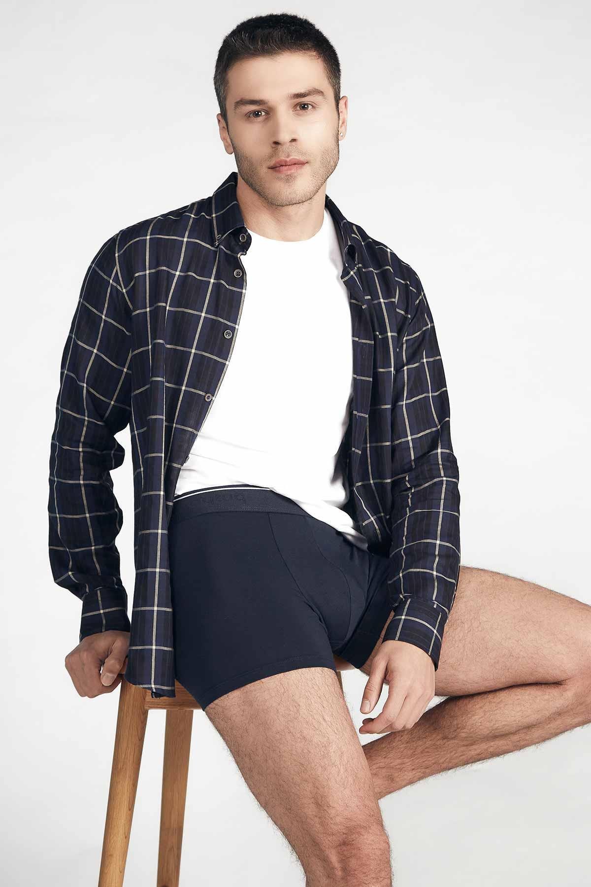 Aytuğ Men's Cotton Plain Navy Blue and Patterned 2-pack Boxer - ZMB-3
