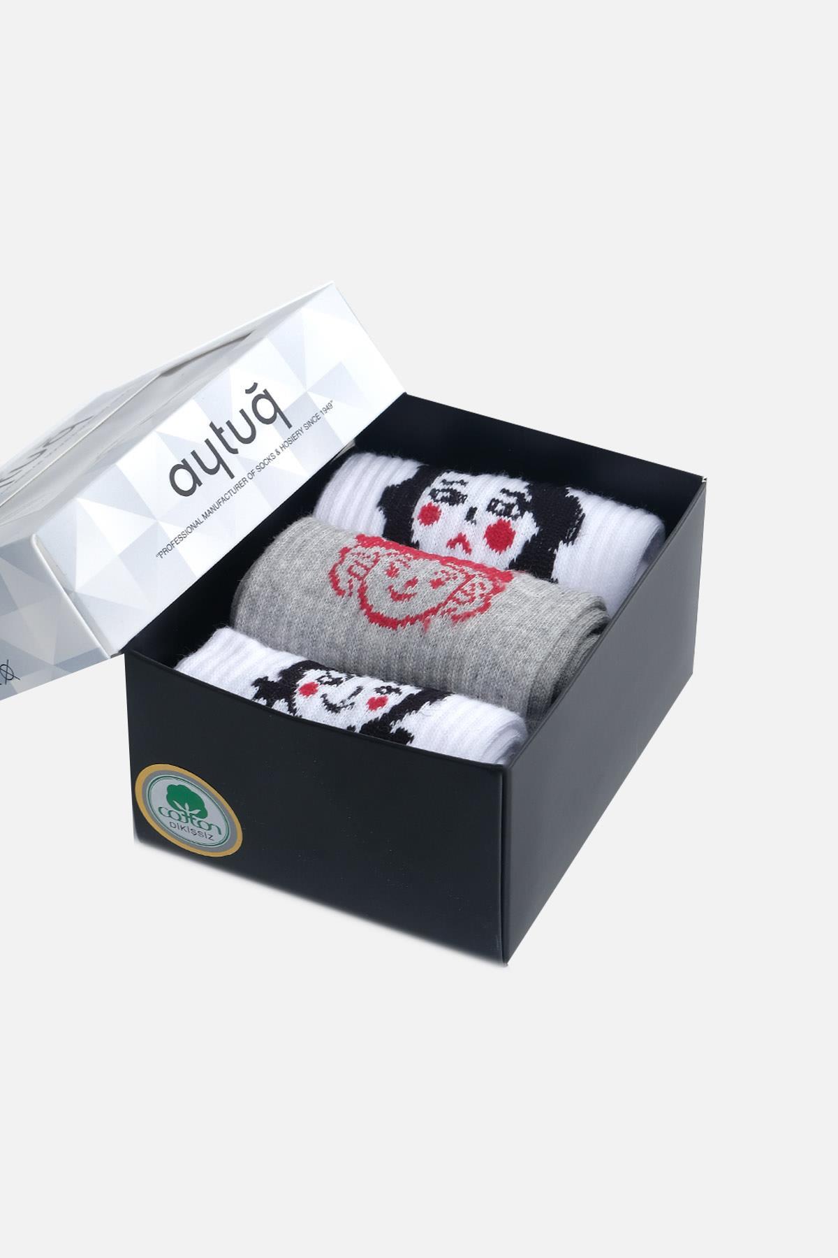 Aytug 3 Pairs of Women's Multicolor Cotton Socket Socks in Custom Box - 41085 -2