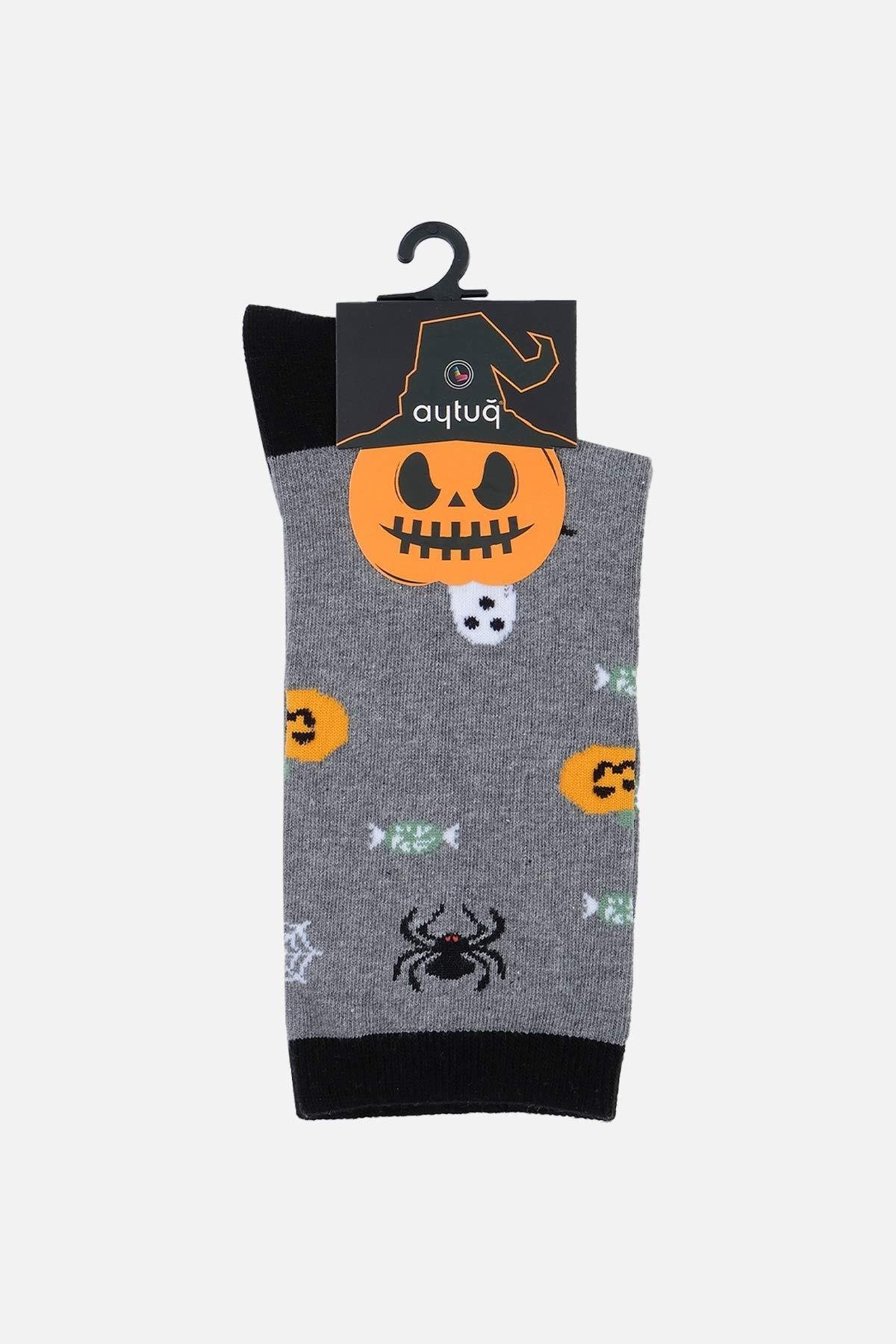 Aytuğ Kadın Pamuklu Halloween Temalı Soket Çorap Gri