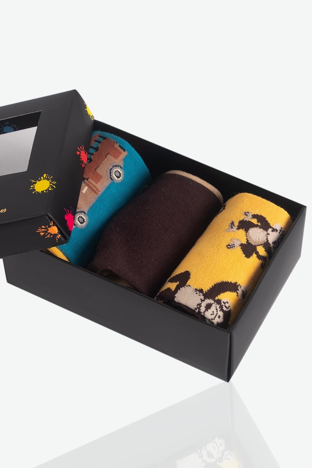 Aytuğ Unisex Cotton Colored Animal Patterned Special Boxed 3 Pairs Socks