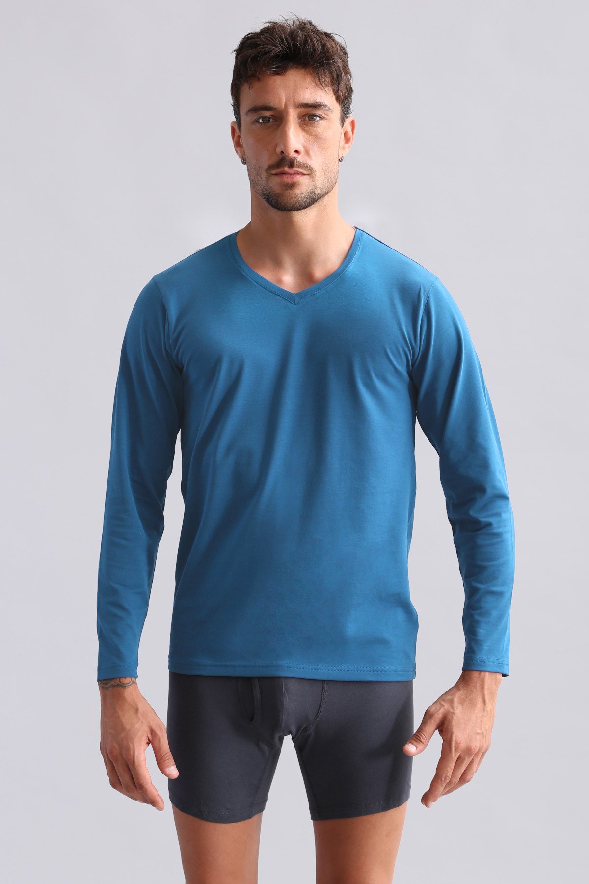 BAMBU HERCULES Slim Fit V Yaka Uzun Kollu Erkek  Fanila Petrol Mavi