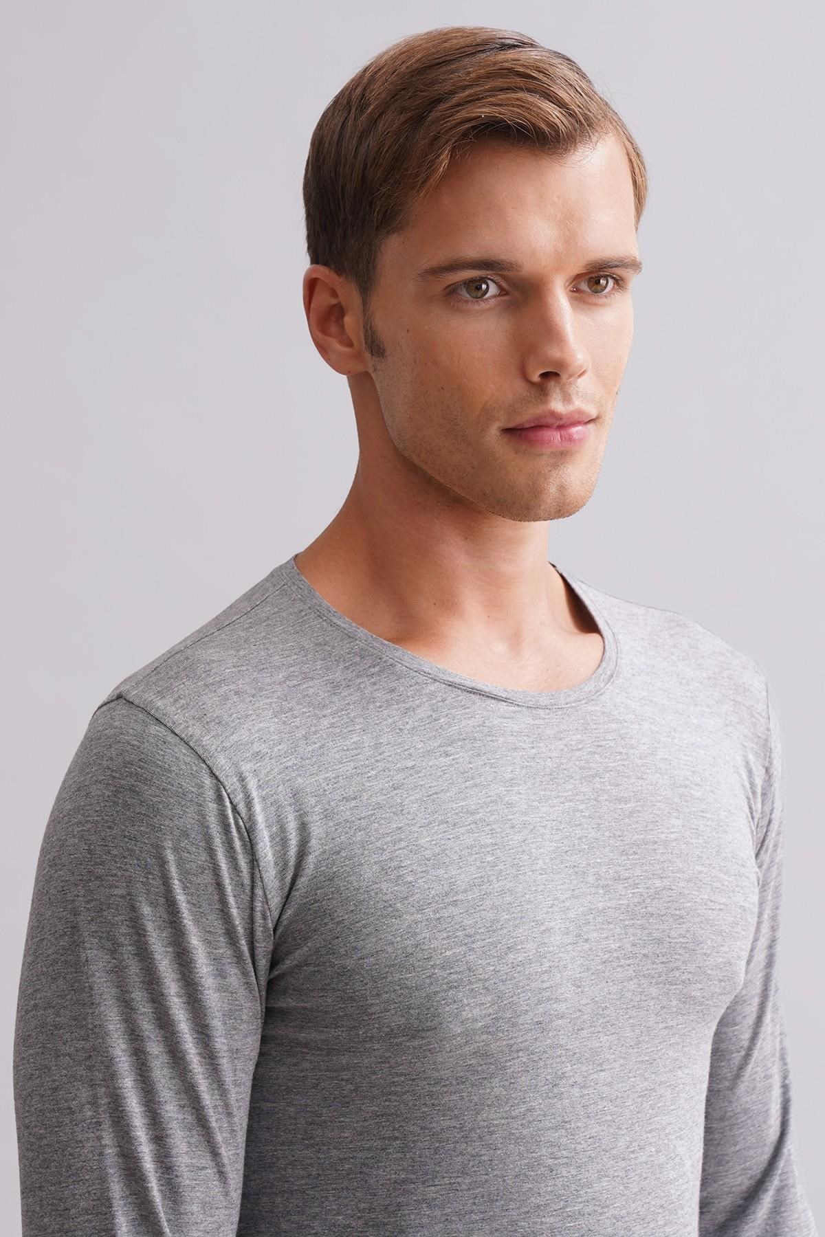 Mısırlı Modal by TENCEL HERCULES Slim Fit Bisiklet Yaka Uzun Kollu Fanila / T-Shirt Gri Melanj