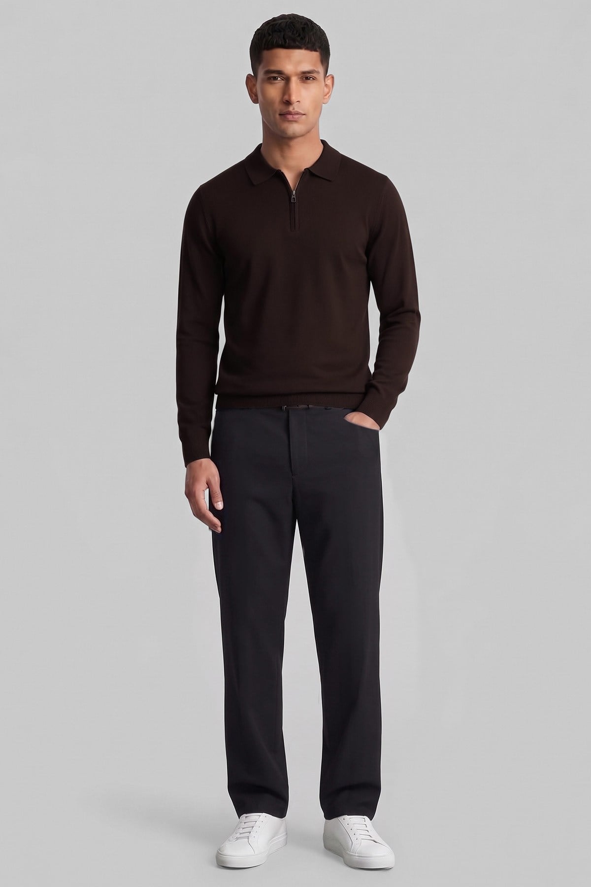 Erkek Polo Yaka Fermuarlı Uzun Kol Triko Kazak Kahverengi