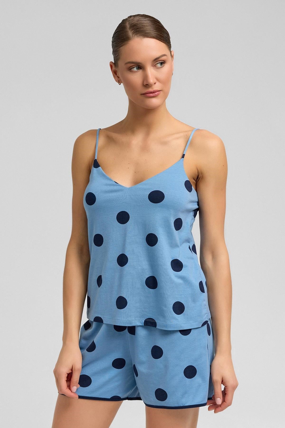 Kadın Modal Puantiyeli İp Askılı Pijama Üst Bebe Mavisi