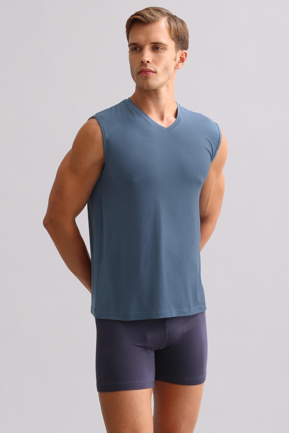 Mısırlı BAMBU ZEUS LUXURY Regular Fit V Yaka Sporcu Atlet / T-Shirt Gece Mavisi