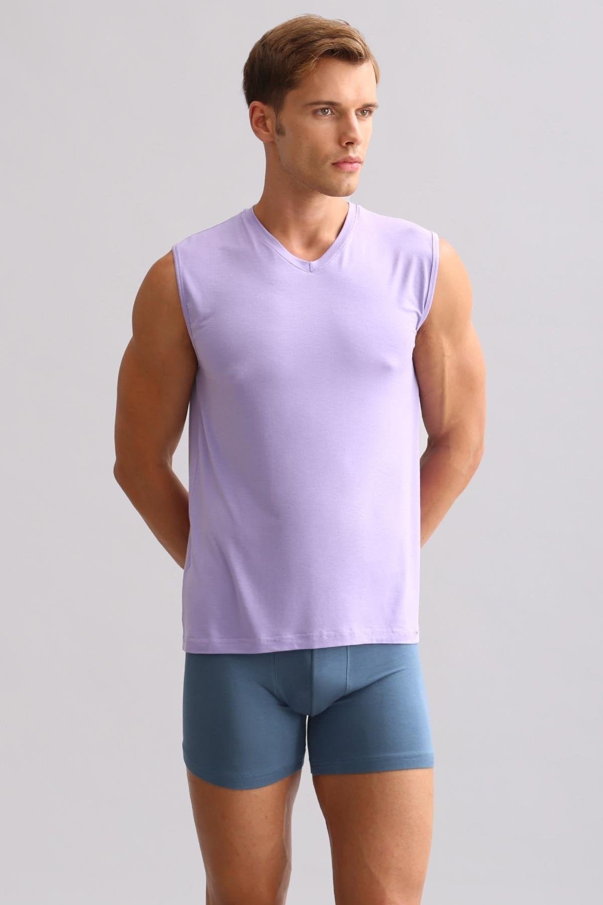 Mısırlı BAMBU ZEUS LUXURY Regular Fit V Yaka Sporcu Atlet / T-Shirt Mor