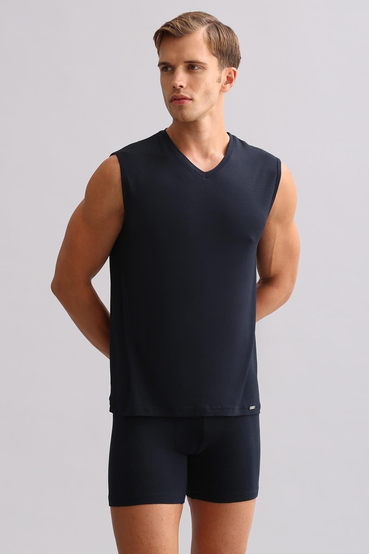 Mısırlı BAMBU ZEUS LUXURY Regular Fit V Yaka Sporcu Atlet / T-Shirt Lacivert