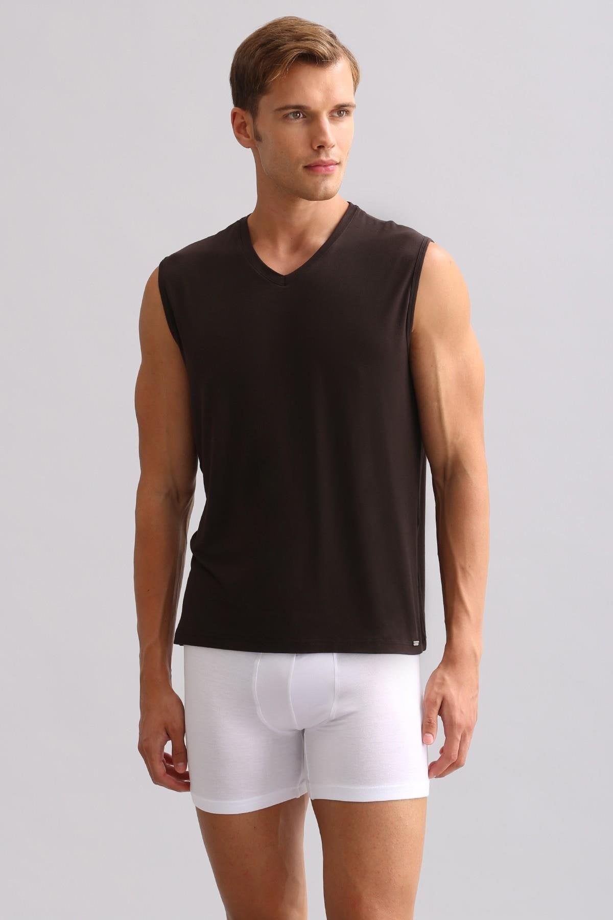 Mısırlı BAMBU ZEUS LUXURY Regular Fit V Yaka Sporcu Atlet / T-Shirt Kahverengi