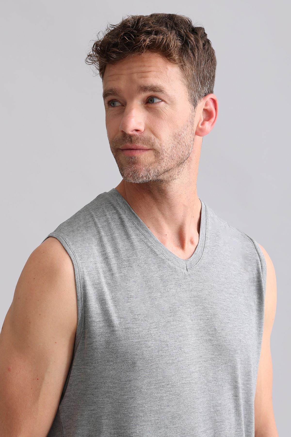 Mısırlı BAMBU ZEUS Regular Fit V Yaka Sporcu Atlet / T-Shirt Melanj Gri