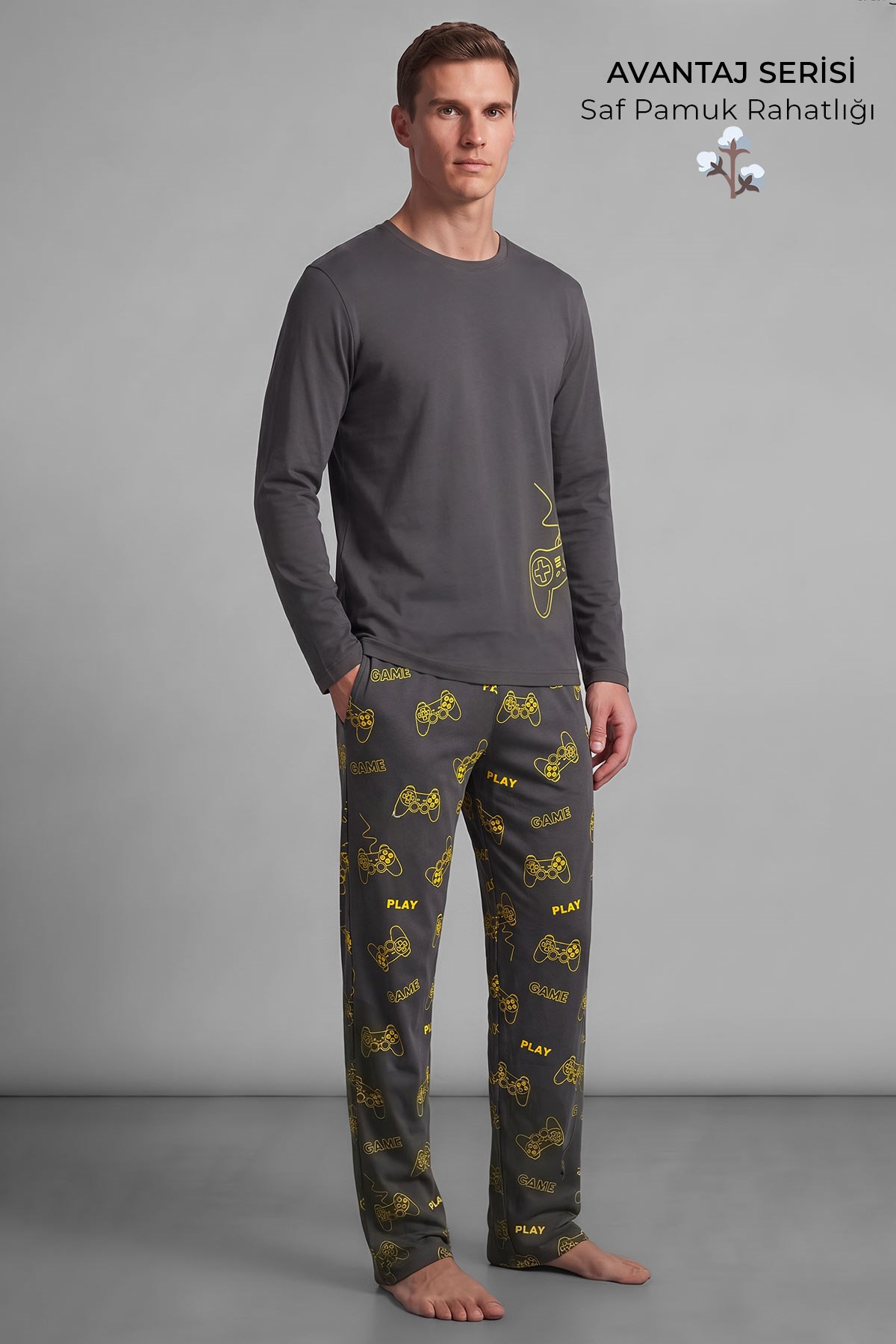 Mısırlı Erkek Bisiklet Yaka Baskılı Pijama Takımı Antrasit
