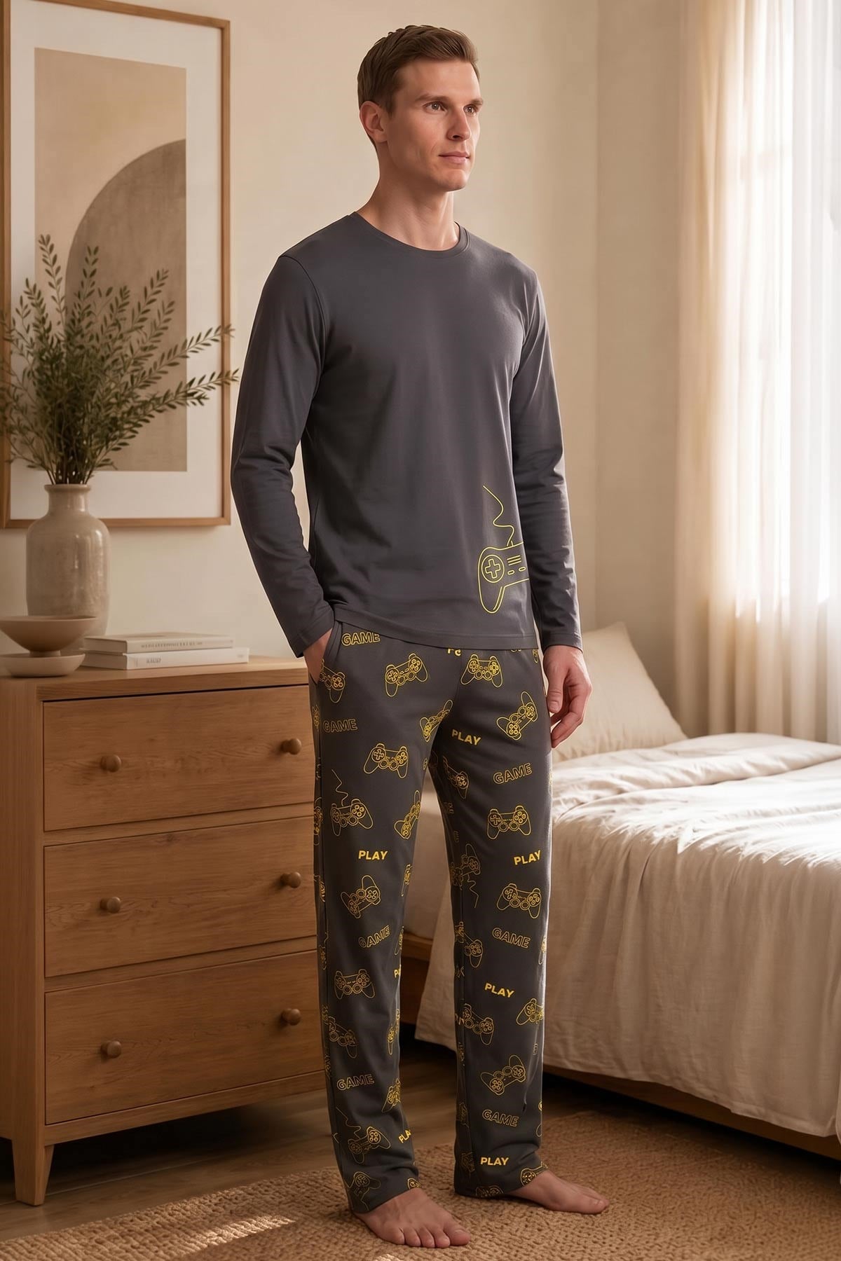 Mısırlı Erkek Bisiklet Yaka Baskılı Pijama Takımı Antrasit