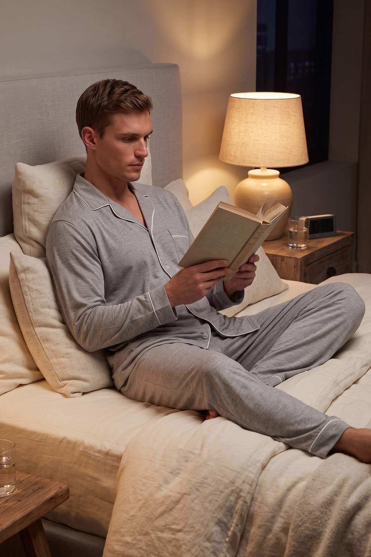 Mısırlı Erkek Gömlek Yaka Biye Detaylı Pijama Takım Gri Melanj