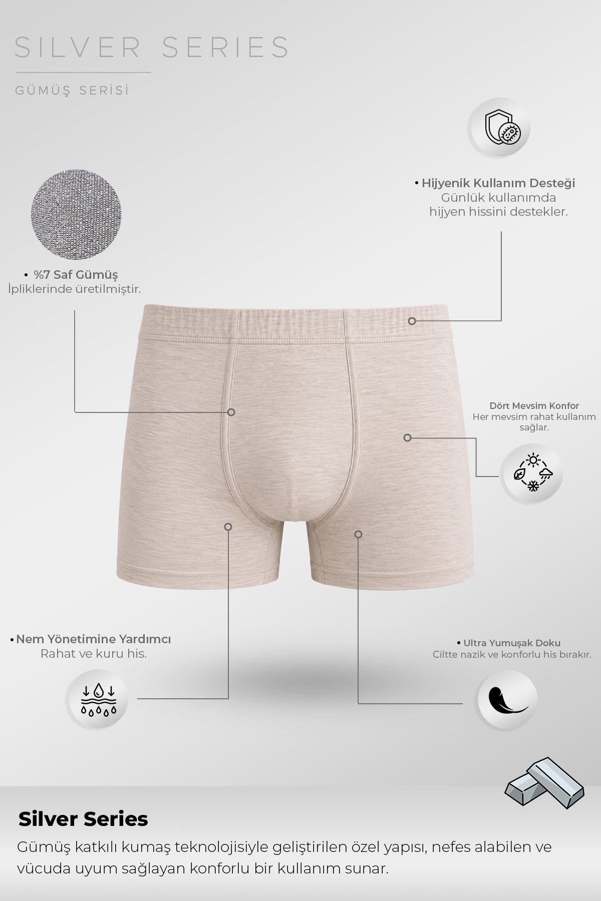 Mısırlı Erkek Gümüş Kısa Boxer Gri Melanj
