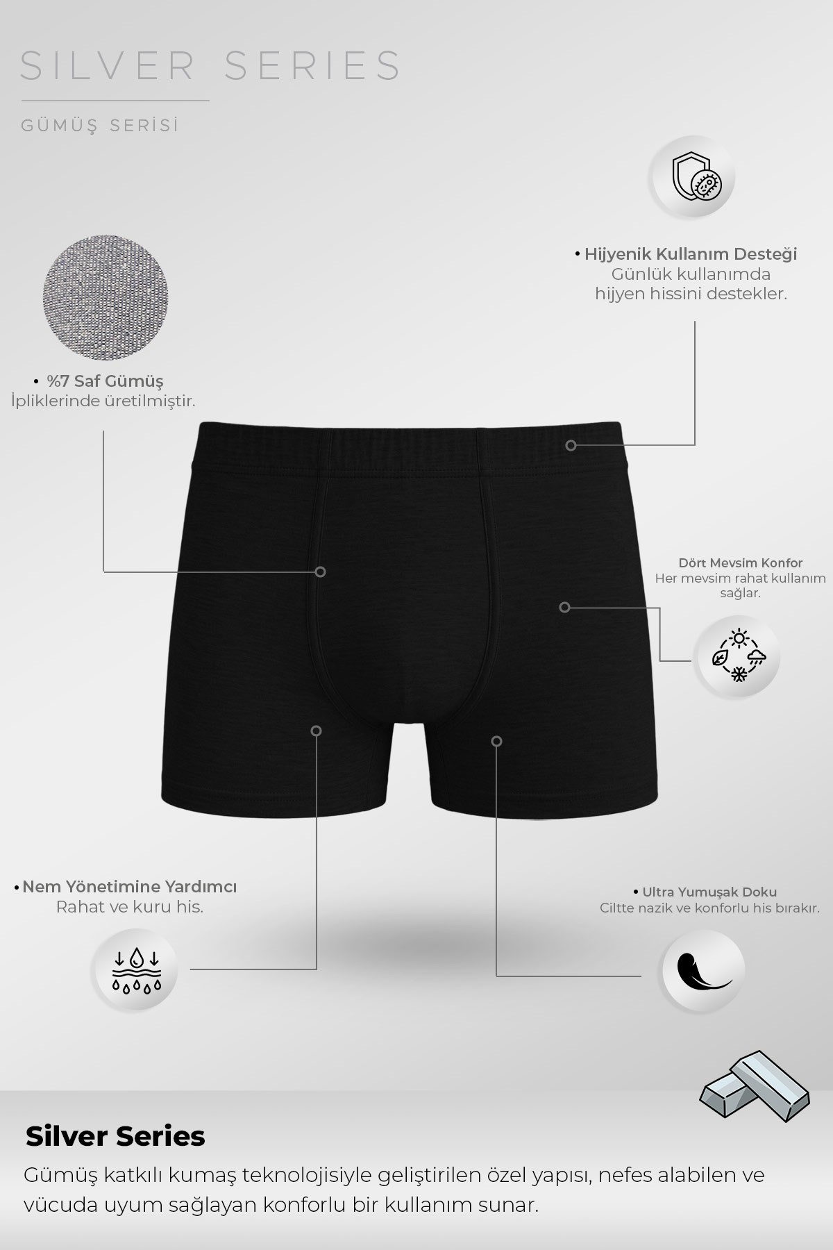 Mısırlı Erkek Gümüş Kısa Boxer Siyah
