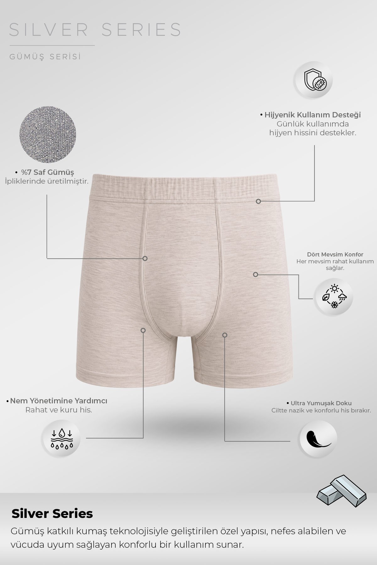 Mısırlı Erkek Gümüş Uzun Boxer Gri Melanj