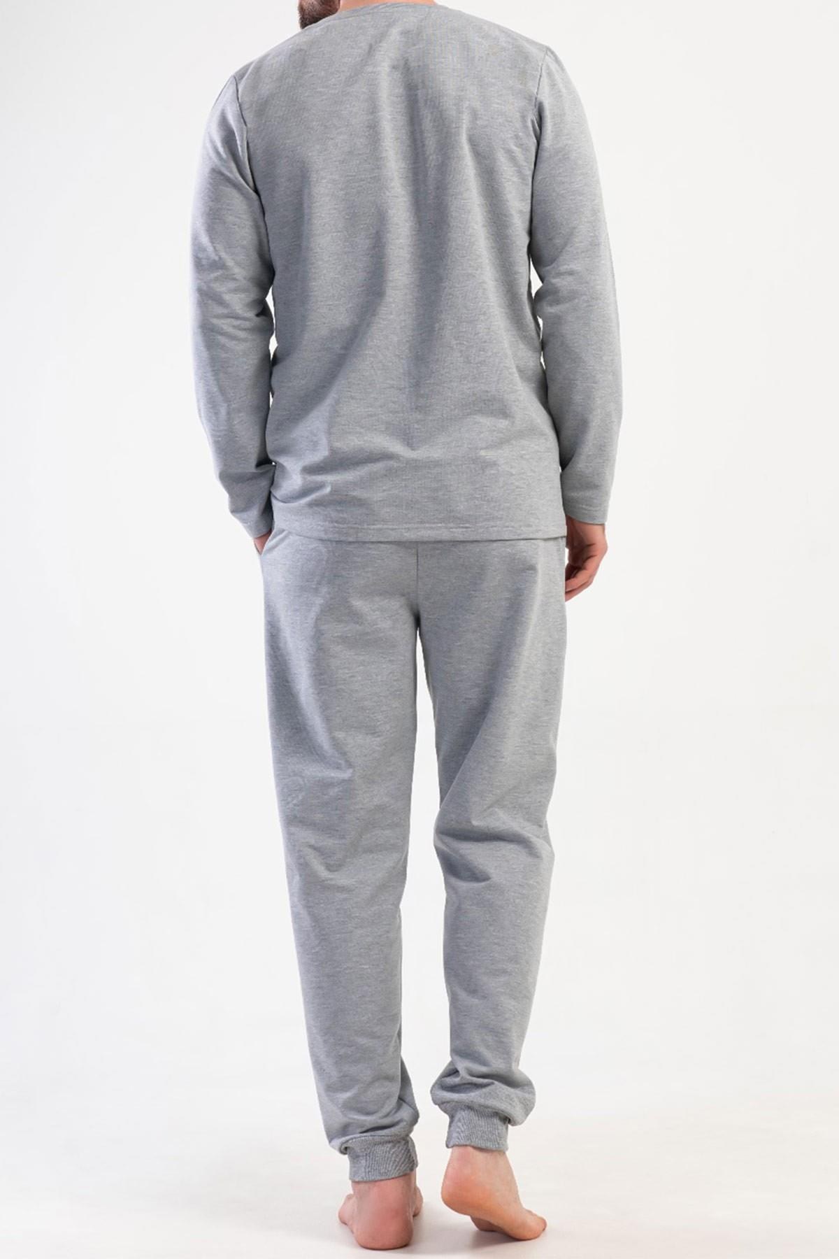Mısırlı Erkek İki İplik Bisiklet Yaka Uzun Kollu Pijama Takımı Gri Melanj