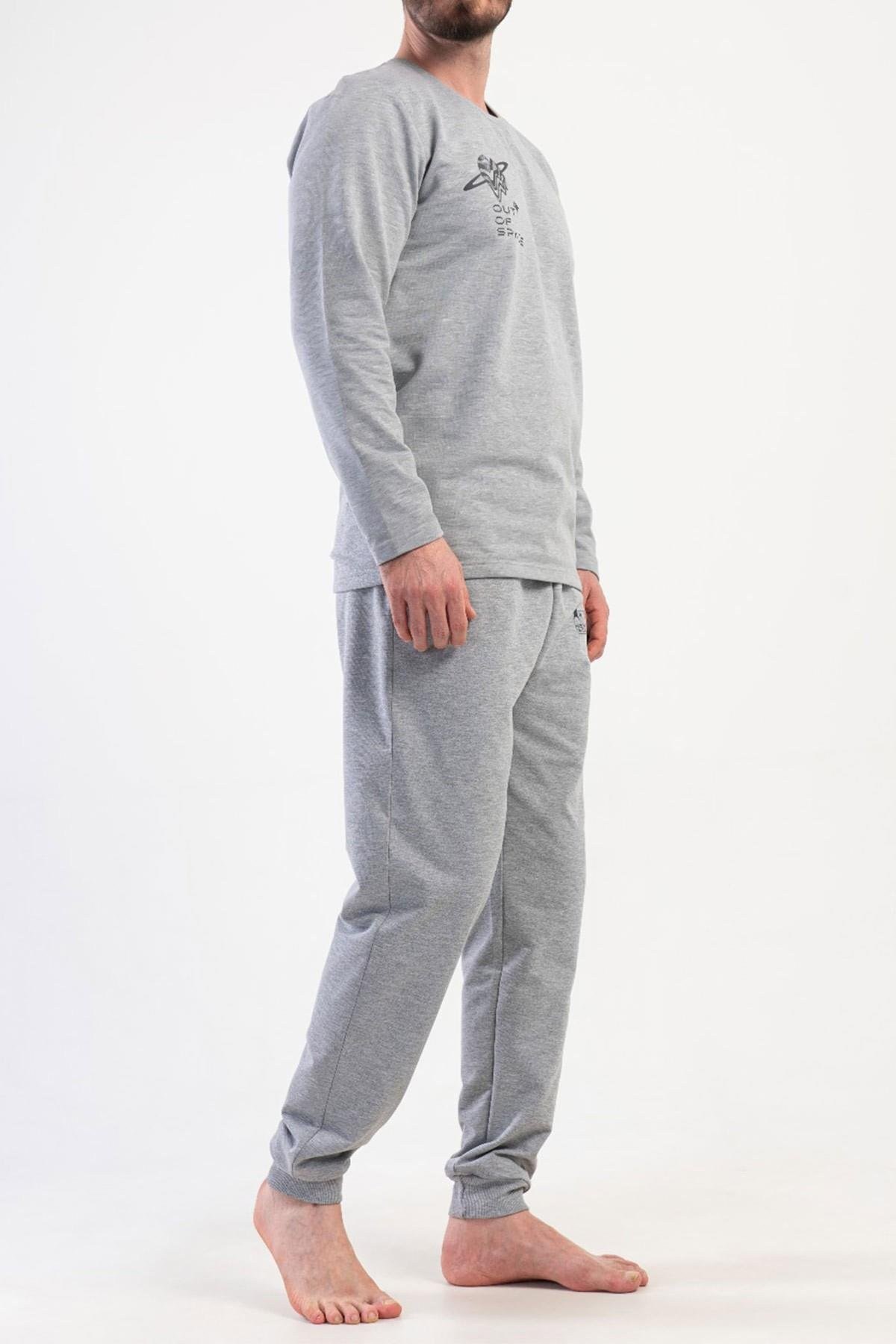 Mısırlı Erkek İki İplik Bisiklet Yaka Uzun Kollu Pijama Takımı Gri Melanj