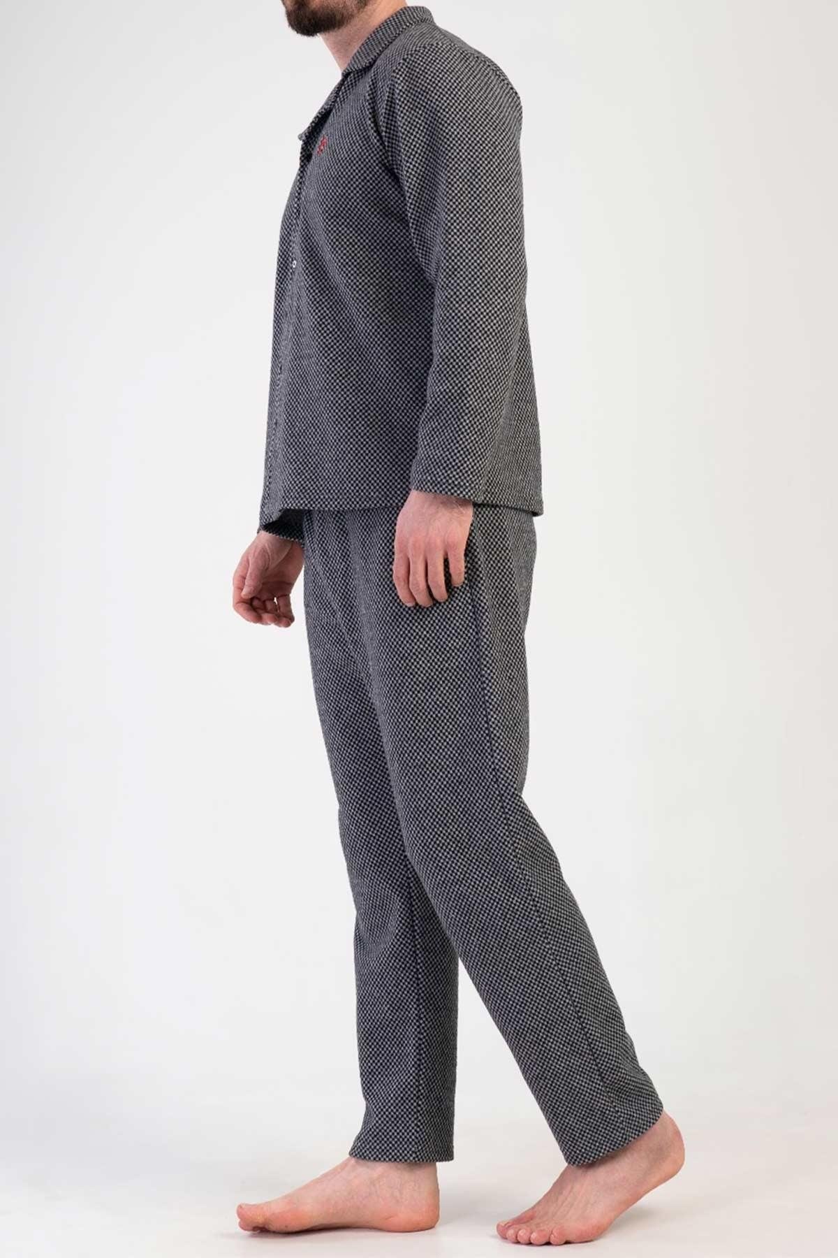 Mısırlı Erkek İnerlok Mikro Desenli Uzun Kollu Gömlek Pijama Takımı Siyah