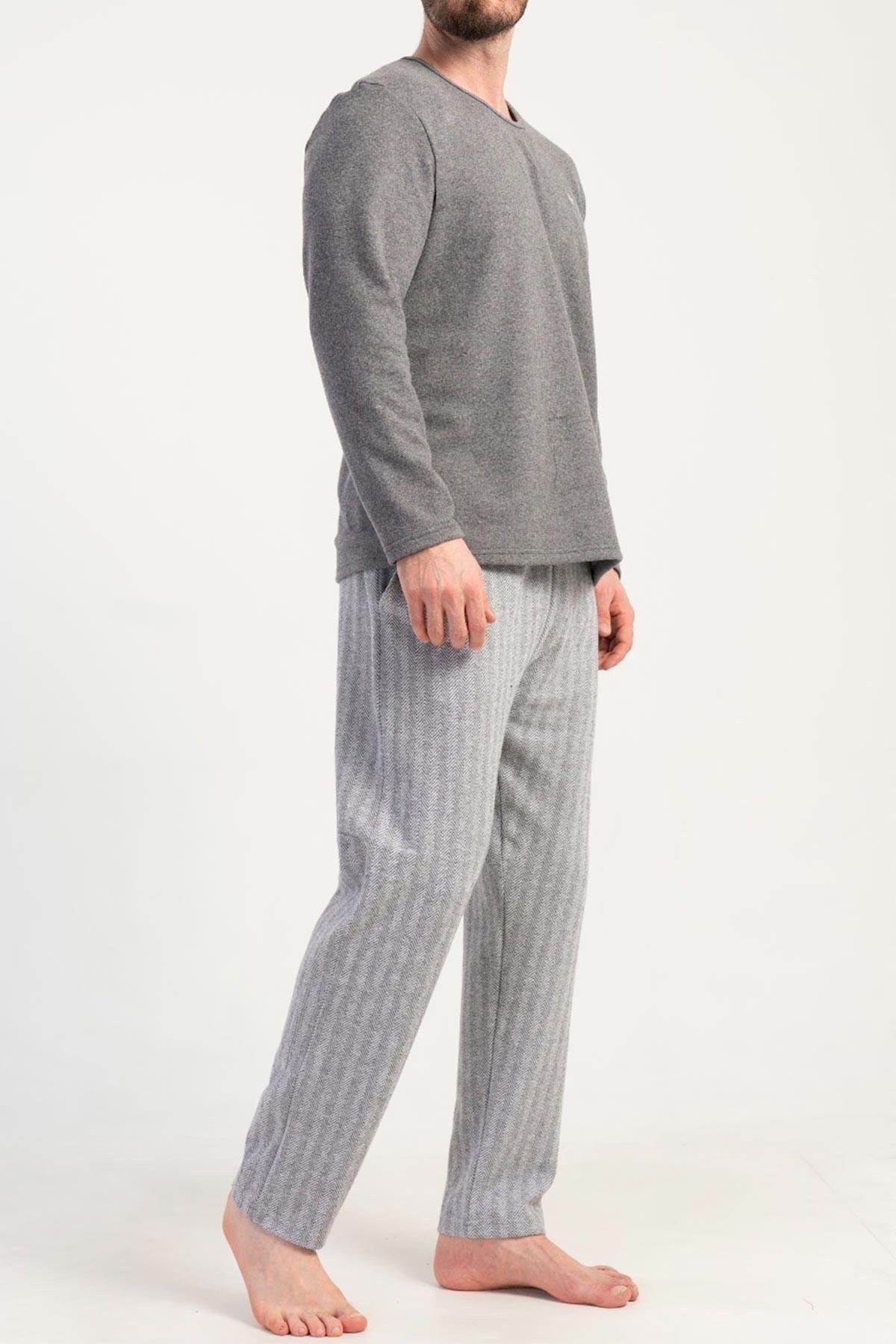 Mısırlı Erkek İnterlok Çizgili Uzun Kollu Pijama Takımı Gri