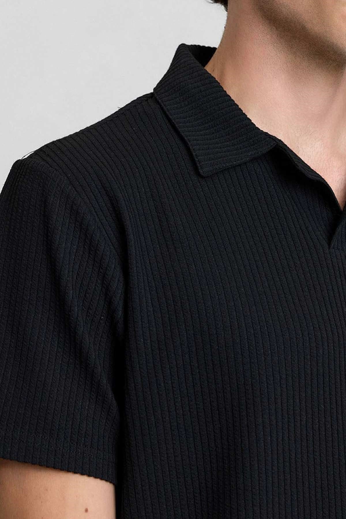 Mısırlı Erkek Jakarlı İnterlok Regular Fit Polo Tshirt Sort Takım Siyah