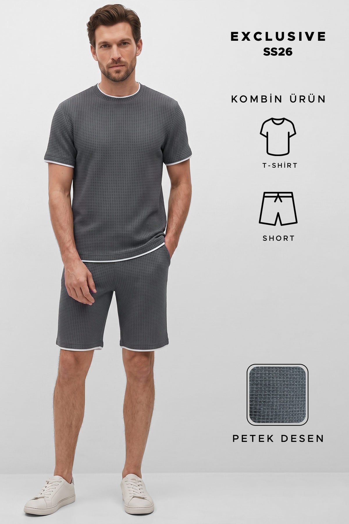 Mısırlı Erkek Jakarlı İnterlok Slim Fit Tshirt Sort Takım Antrasit