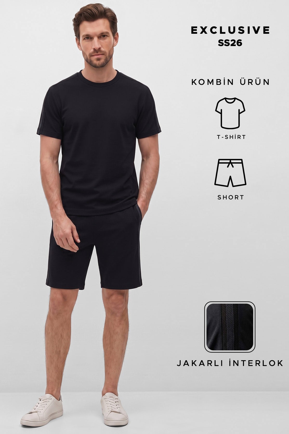 Mısırlı Erkek Jakarlı İnterlok Tiktak Detaylı Tshirt Sort Takım Siyah