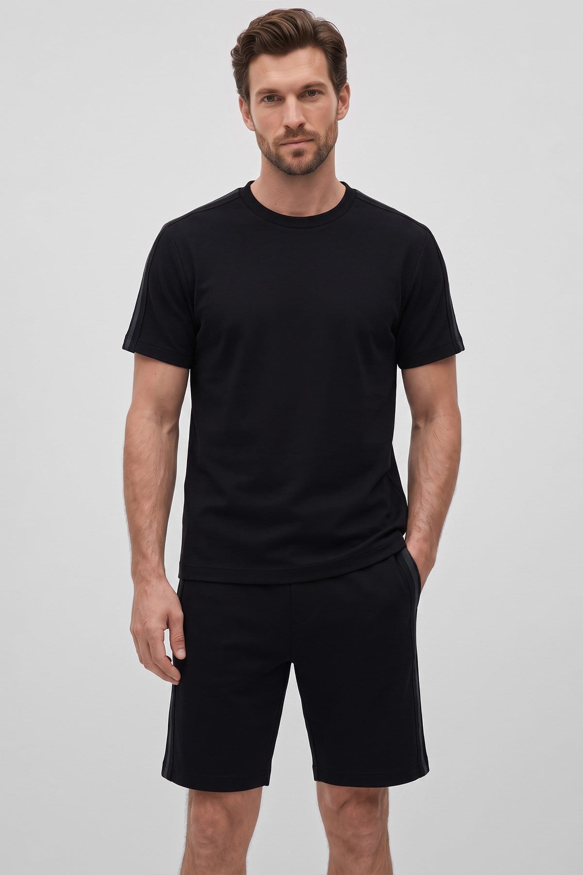 Mısırlı Erkek Jakarlı İnterlok Tiktak Detaylı Tshirt Sort Takım Siyah