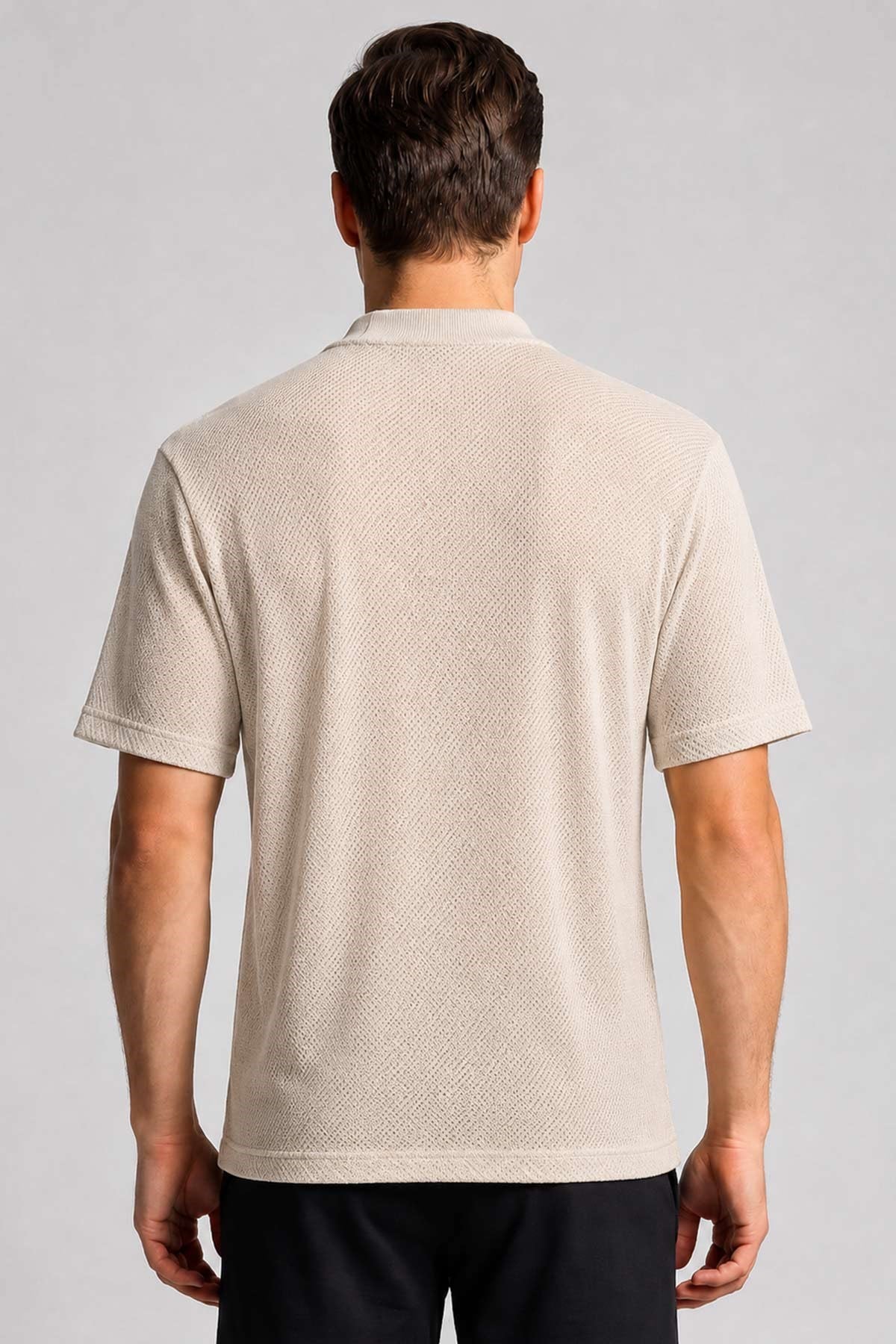 Mısırlı Erkek Jakarlı Pamuk Bisiklet Yaka T-shirt Bej