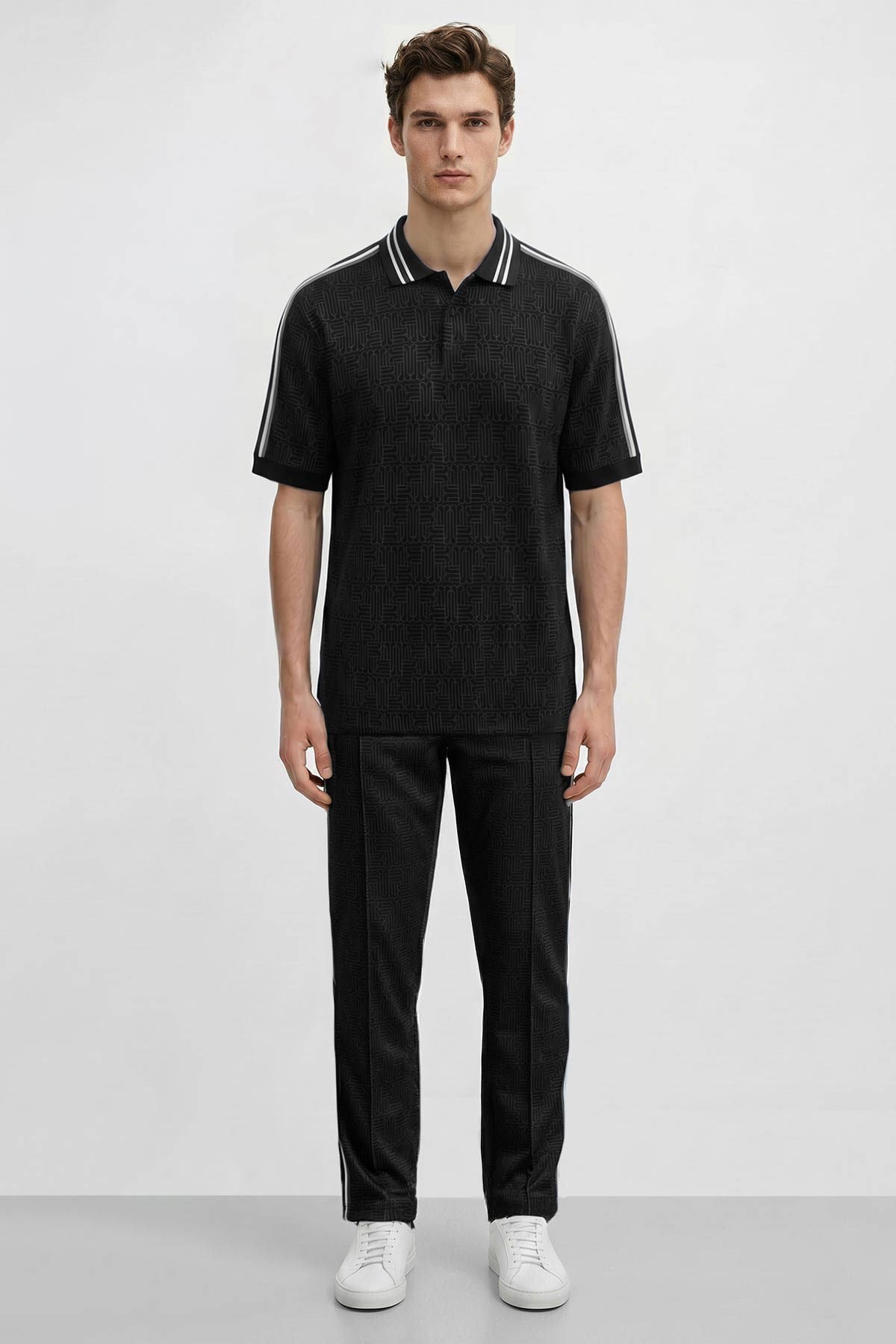 Mısırlı Erkek Monogram Desenli Polo Tshirt Eşofman Takım Siyah