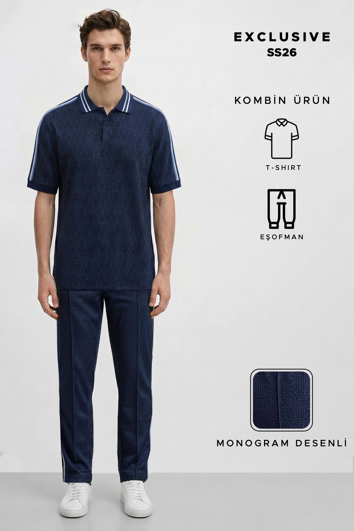 Mısırlı Erkek Monogram Desenli Polo Tshirt Eşofman Takım Lacivert
