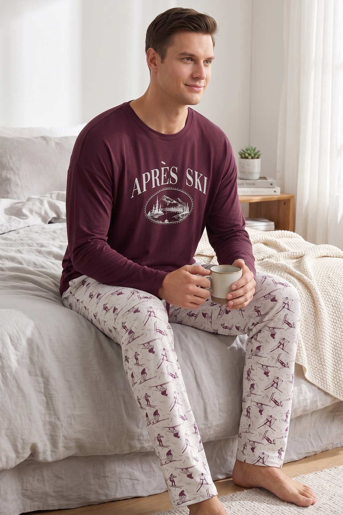 Mısırlı Erkek Pamuk Baskılı Pijama Takım Bordo