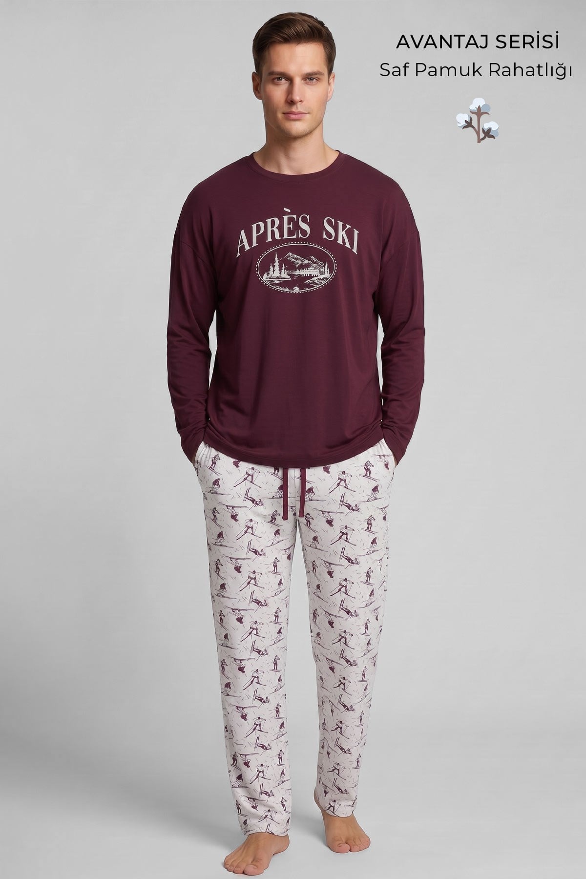 Mısırlı Erkek Pamuk Baskılı Pijama Takım Bordo