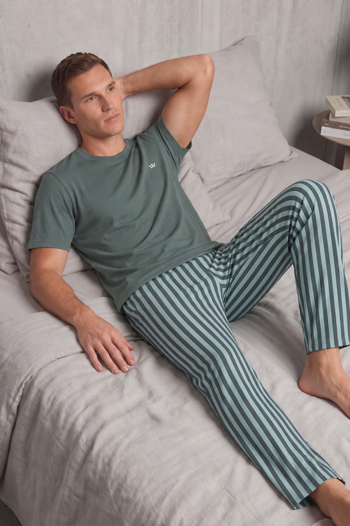 Mısırlı Erkek Pamuk Çizgili Pijama Takım Haki-Mint