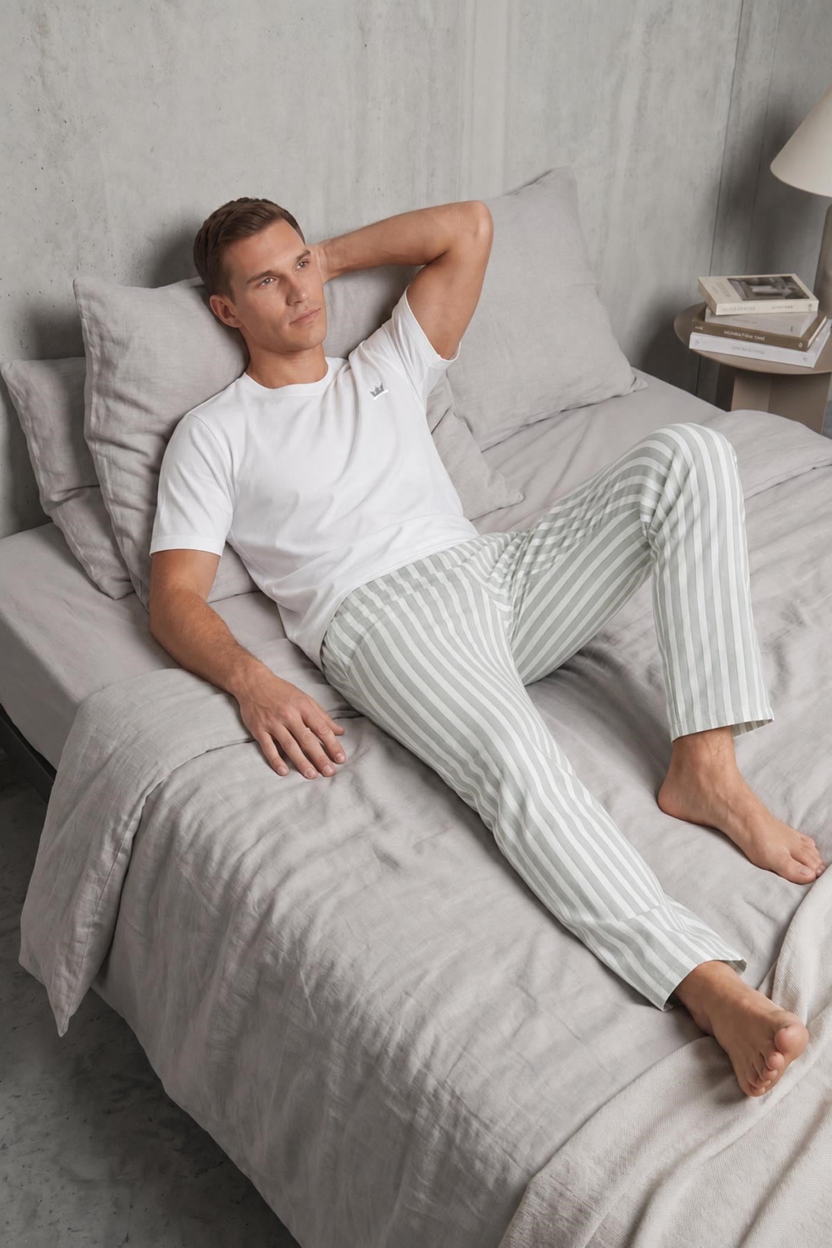Mısırlı Erkek Pamuk Çizgili Pijama Takım Beyaz-Su Yeşili