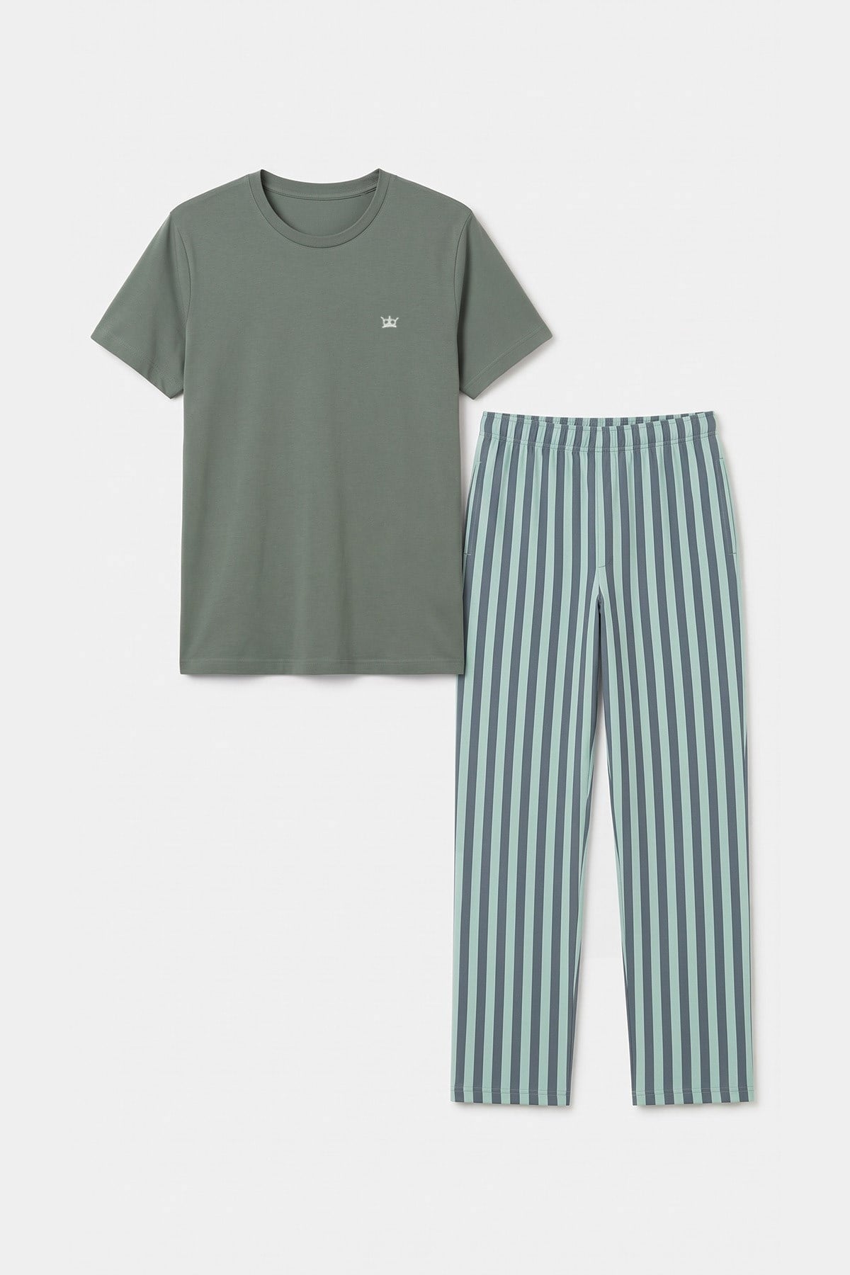 Mısırlı Erkek Pamuk Çizgili Pijama Takım Haki-Mint