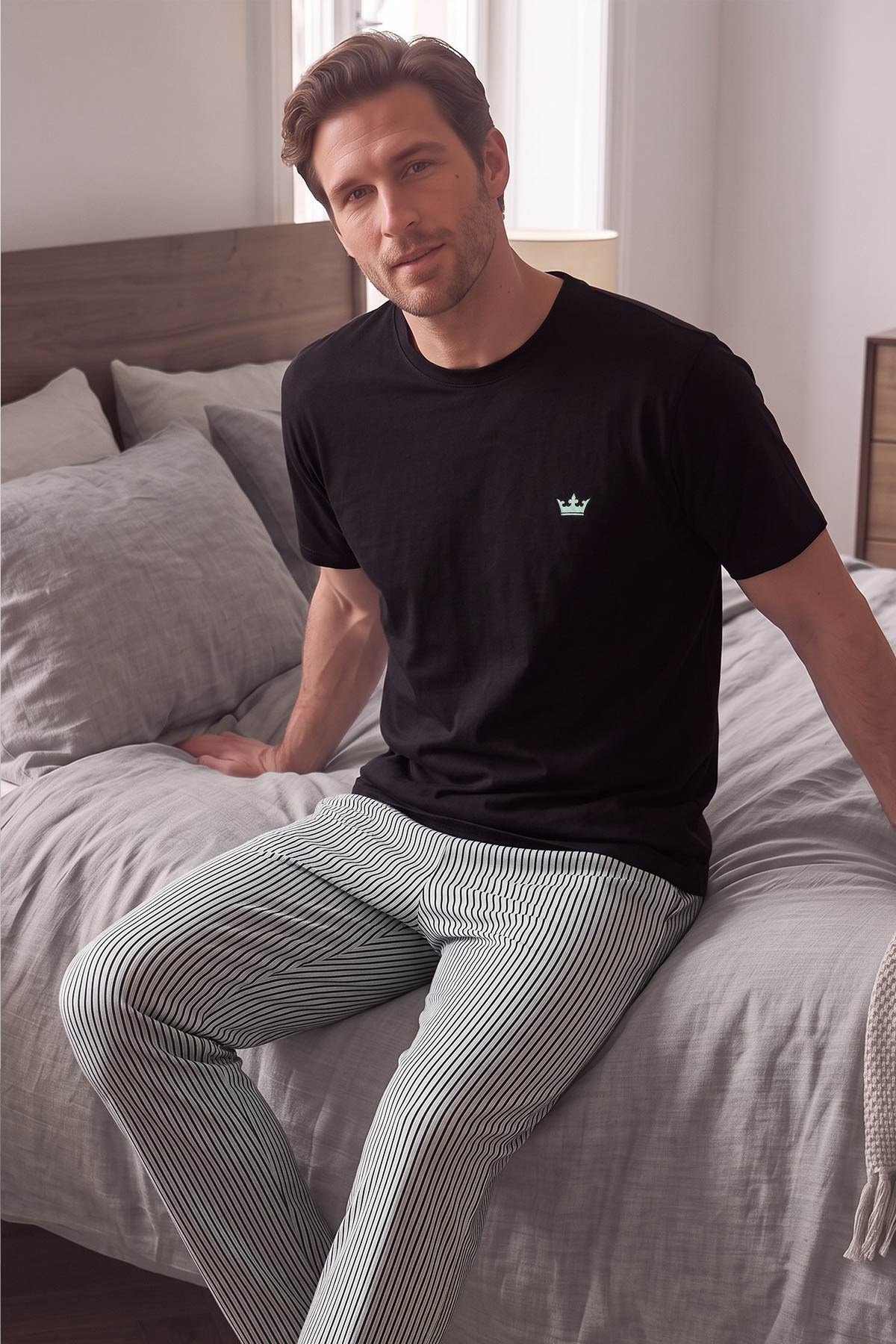 Mısırlı Erkek Pamuk Çizgili Pijama Takım Siyah-Yeşil