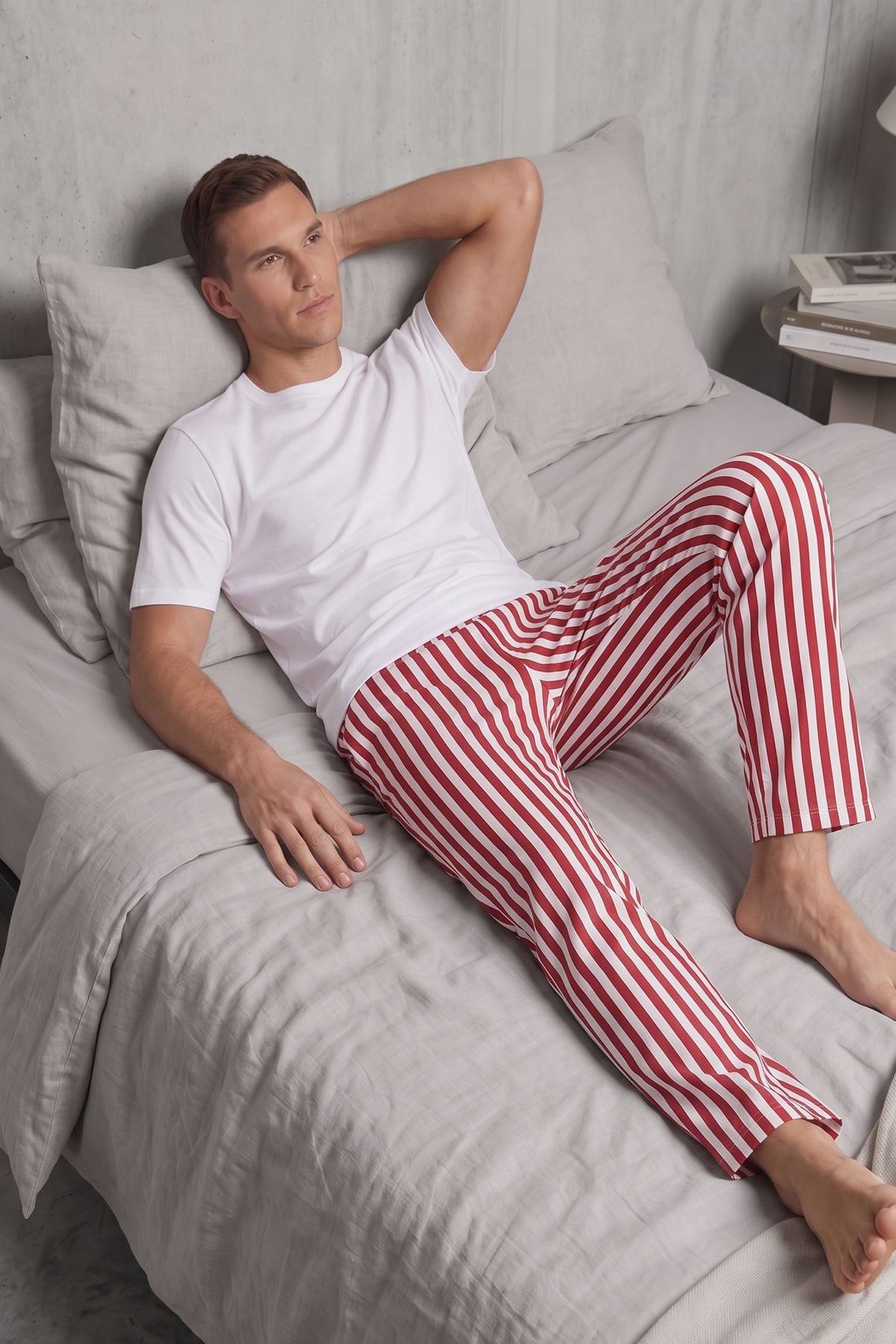 Mısırlı Erkek Pamuk Çizgili Pijama Takım Beyaz-Kırmızı