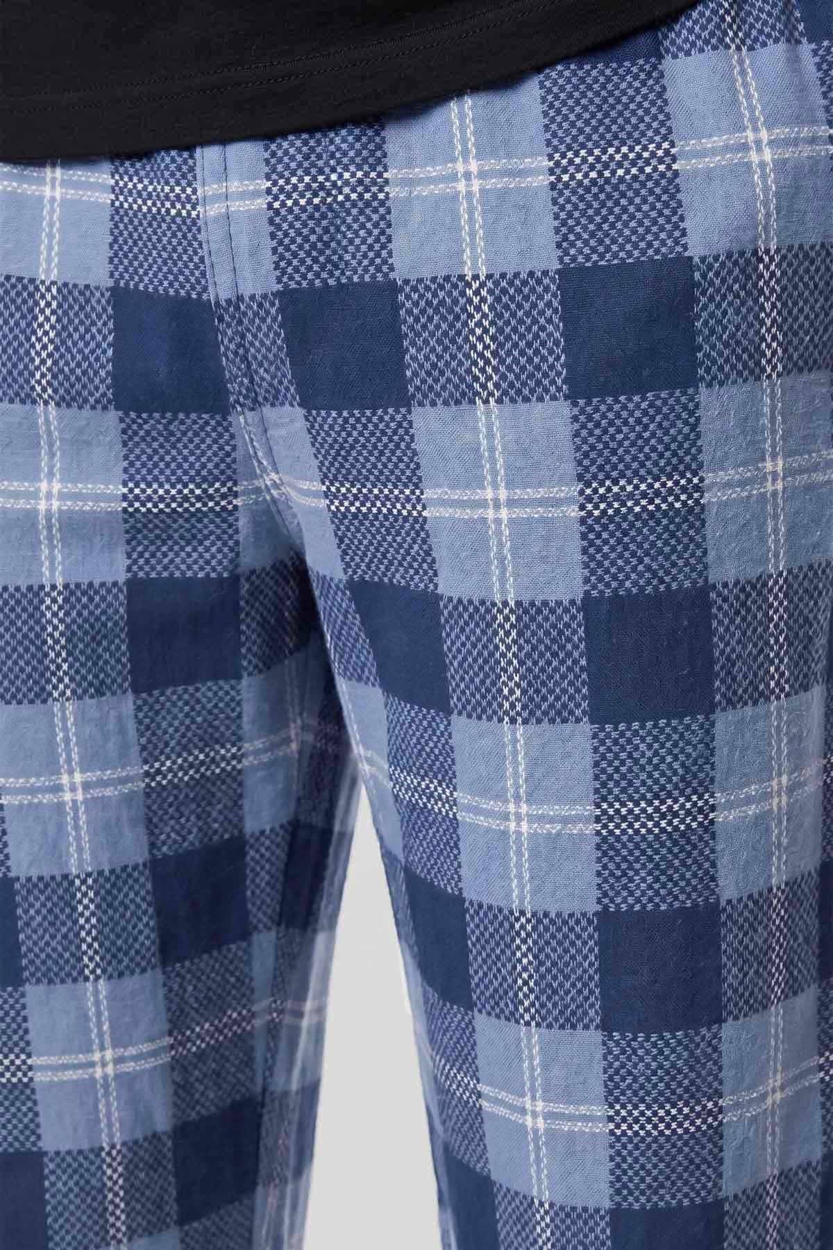 Mısırlı Erkek Pamuk Ekoseli Pijama Takım Mavi