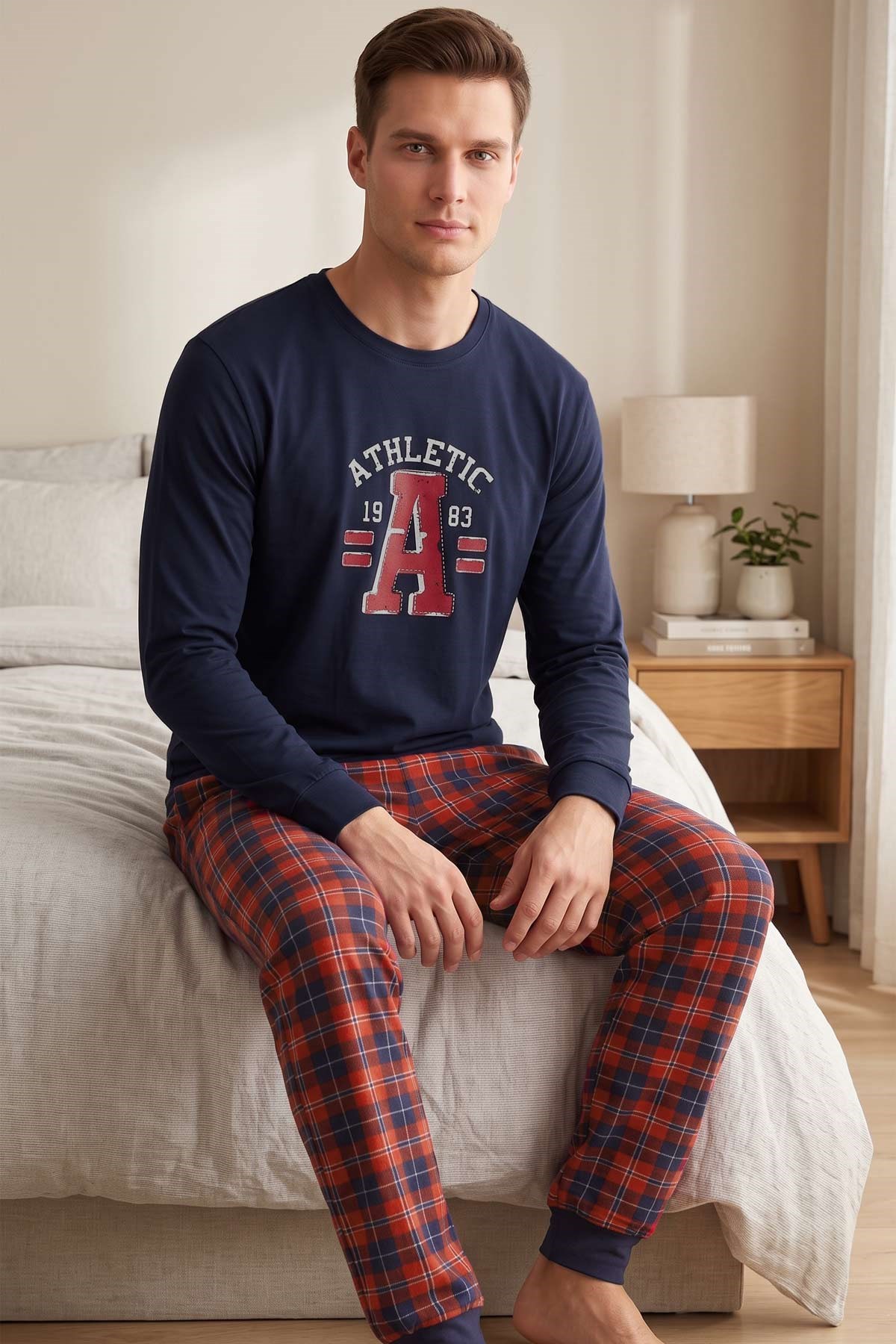 Mısırlı Erkek Pamuk Ekoseli Pijama Takım Lacivert