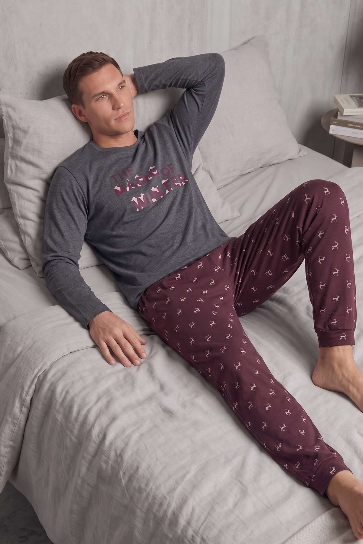 Mısırlı Erkek Pamuk Geyik Desenli Pijama Takım Antrasit/Bordo