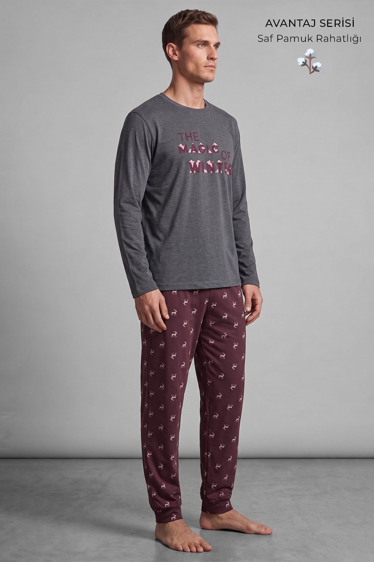 Mısırlı Erkek Pamuk Geyik Desenli Pijama Takım Antrasit/Bordo
