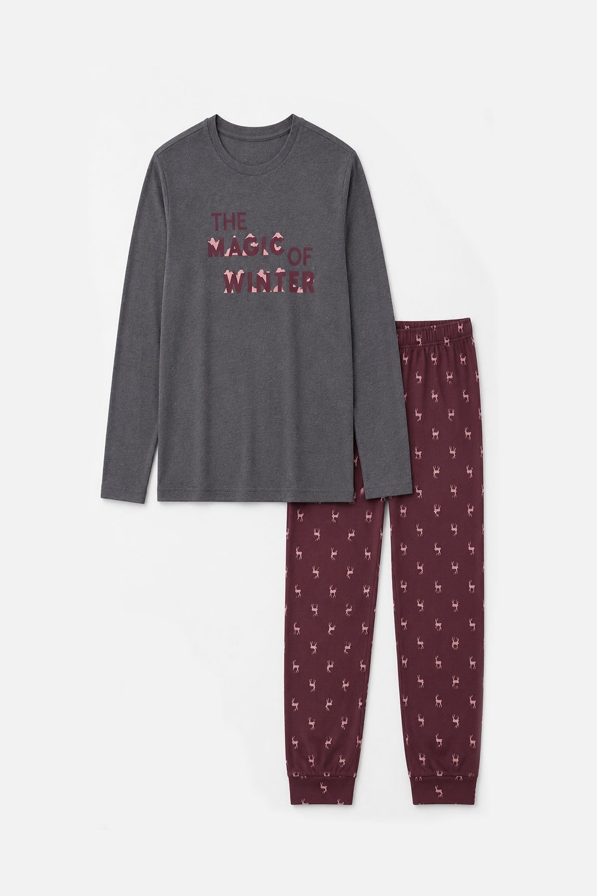 Mısırlı Erkek Pamuk Geyik Desenli Pijama Takım Antrasit/Bordo