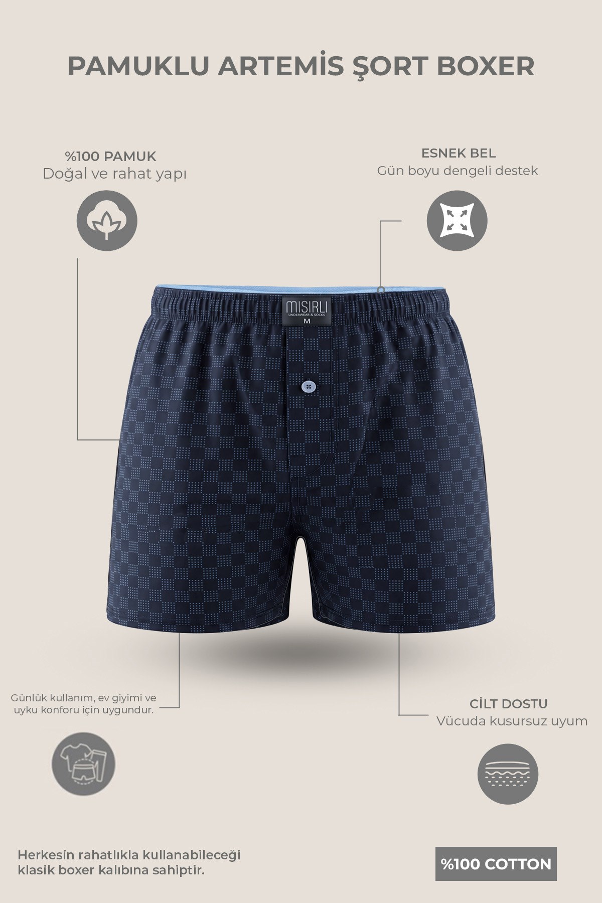 Mısırlı Erkek Pamuk Köşe Üçgen Relax Fit Boxer Çiçek Desenli /Lacivert