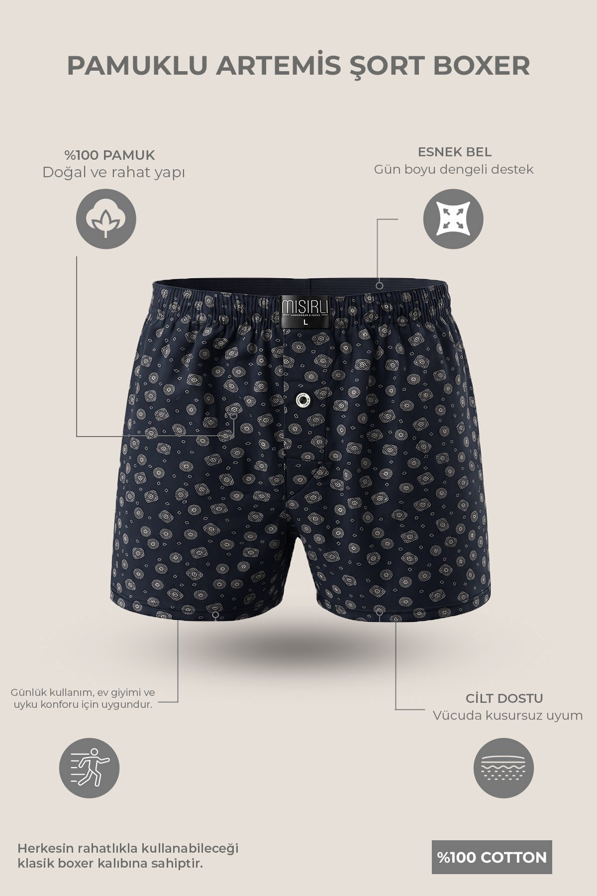 Mısırlı Erkek Pamuk Köşe Üçgen Relax Fit Boxer Motifli Desen/Lacivert