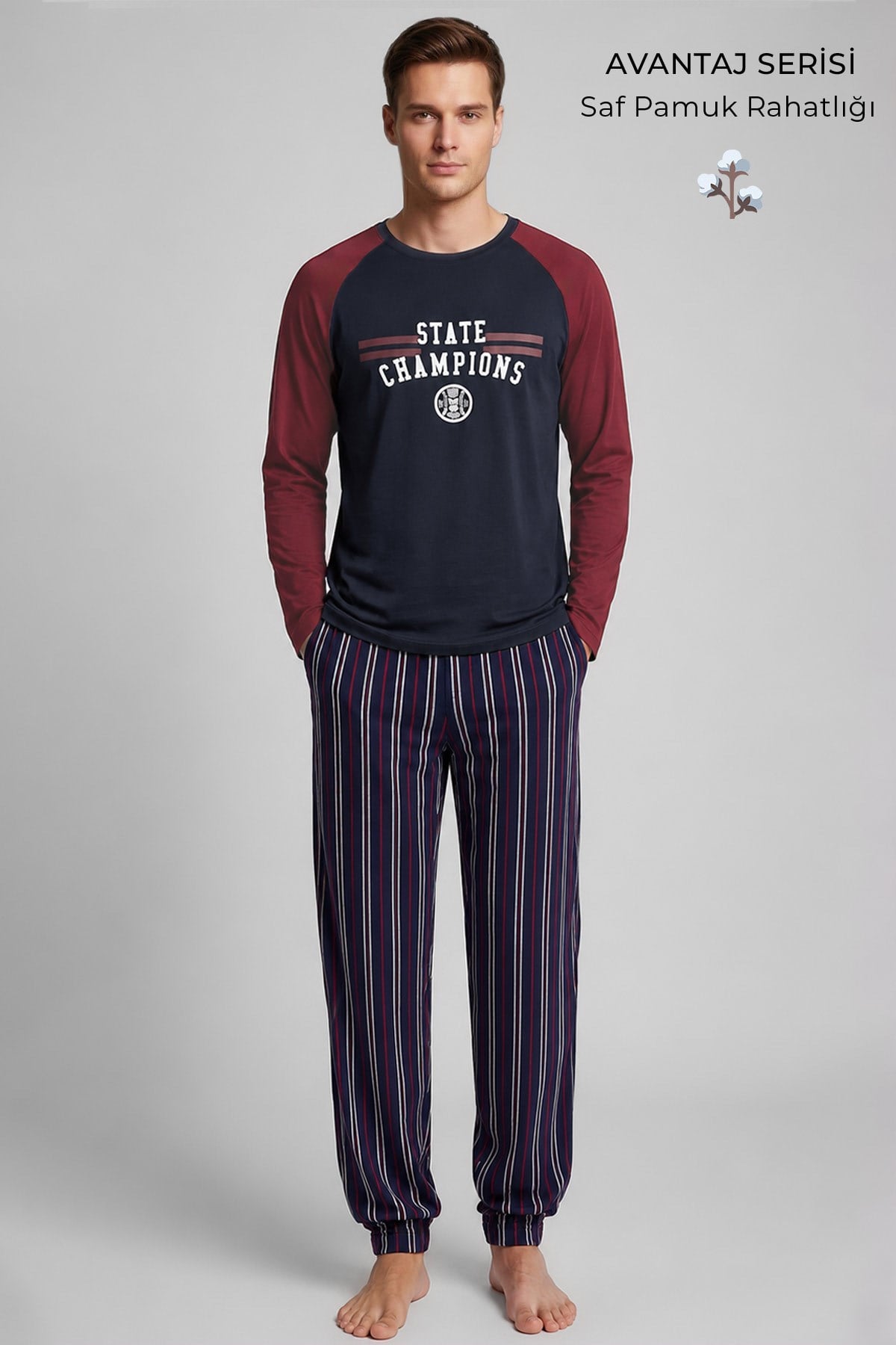 Mısırlı Erkek Pamuk Reglan Kol Pijama Takım Lacivert