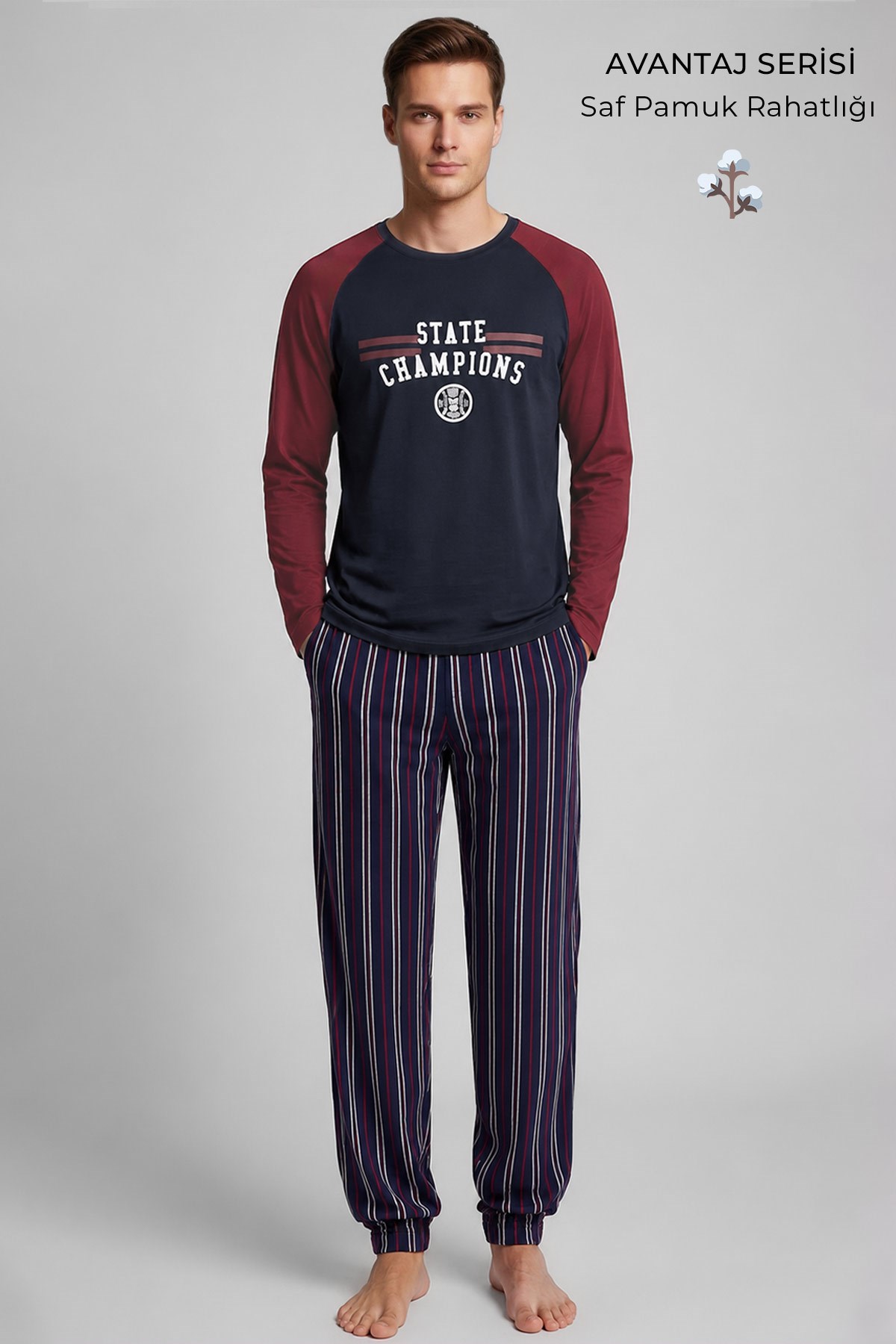 Mısırlı Erkek Pamuk Reglan Kol Pijama Takım Lacivert